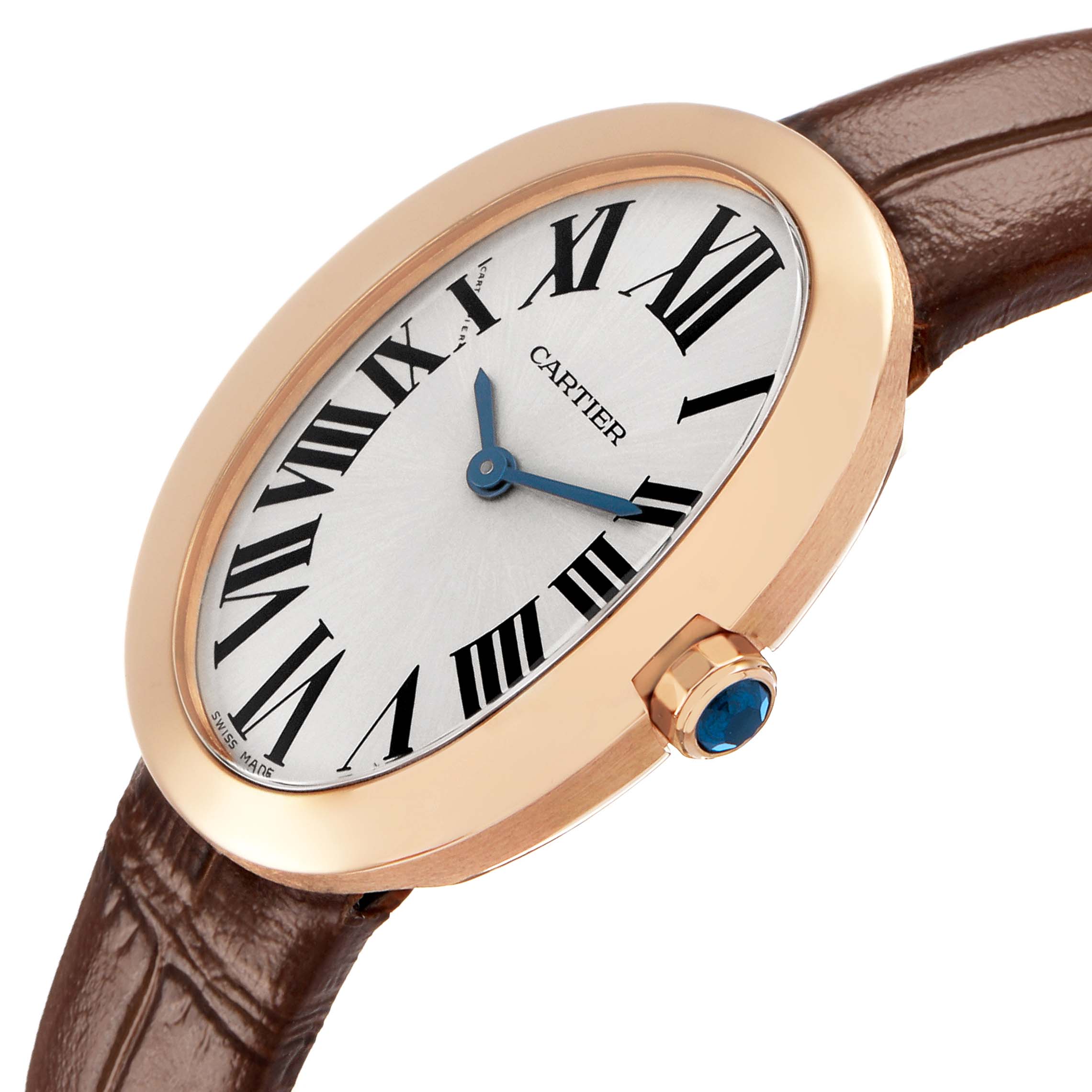 The Cartier Baignoire W8000007 Women's Rose Gold Silver Dial watch is angled showing the face, Roman numerals, blue hands, and brown leather strap.