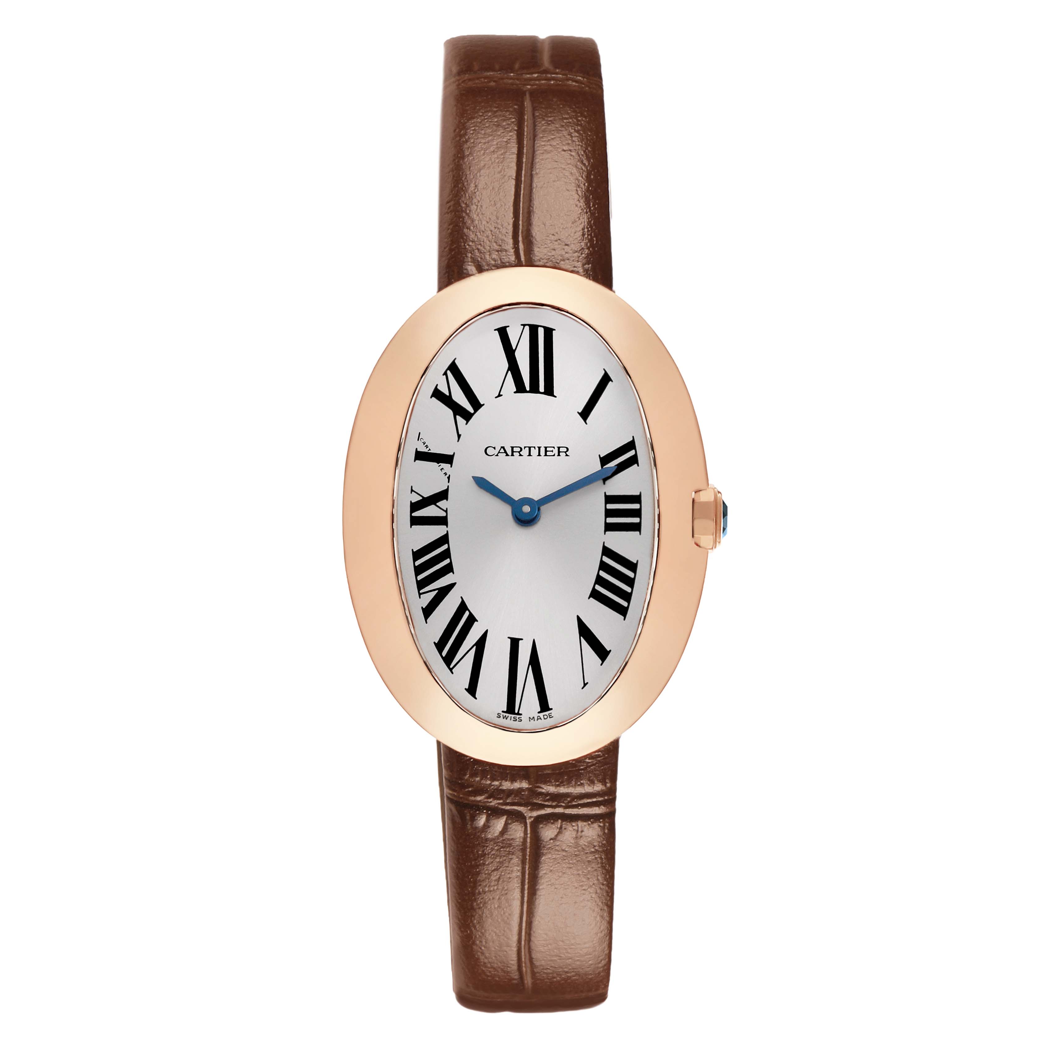 The image shows a Cartier Baignoire W8000007 Women's Rose Gold Silver Dial watch front view, highlighting the oval face, Roman numerals, and leather strap.