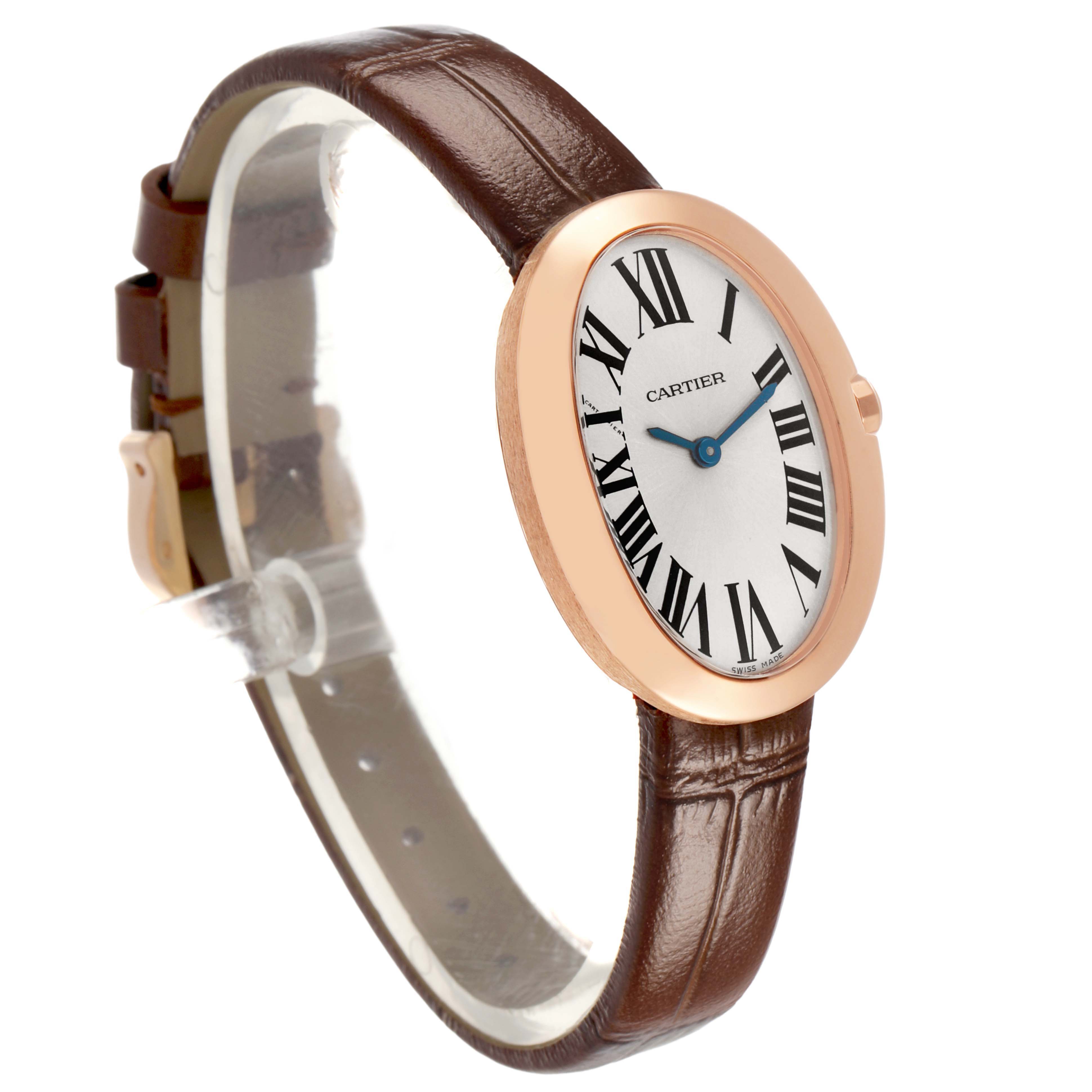 The Cartier Baignoire W8000007 Women's Rose Gold Silver Dial watch is shown at a slight angle, displaying its oval face, roman numerals, and brown leather strap.