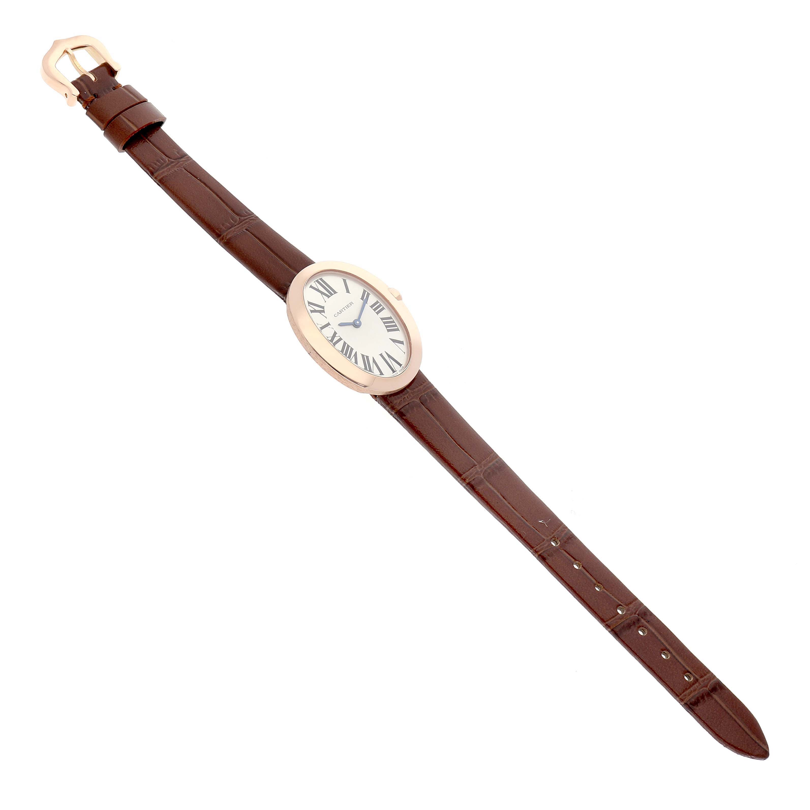 The Cartier Baignoire W8000007 Women's Rose Gold Silver Dial watch is shown from a top view, displaying the entire strap and oval watch face.