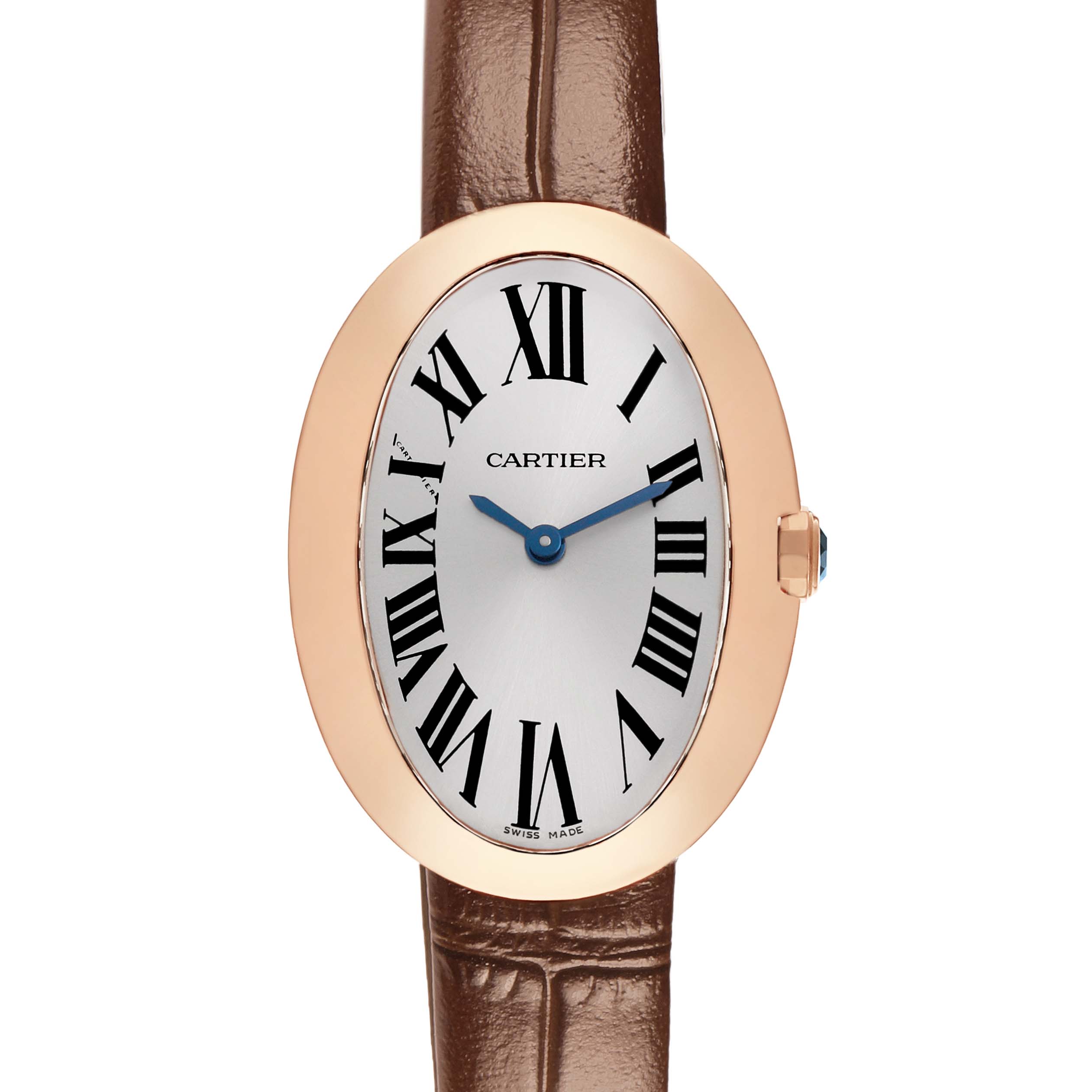 The Cartier Baignoire W8000007 Women's Rose Gold Silver Dial watch is shown from the front, highlighting its oval face, Roman numerals, and leather strap.