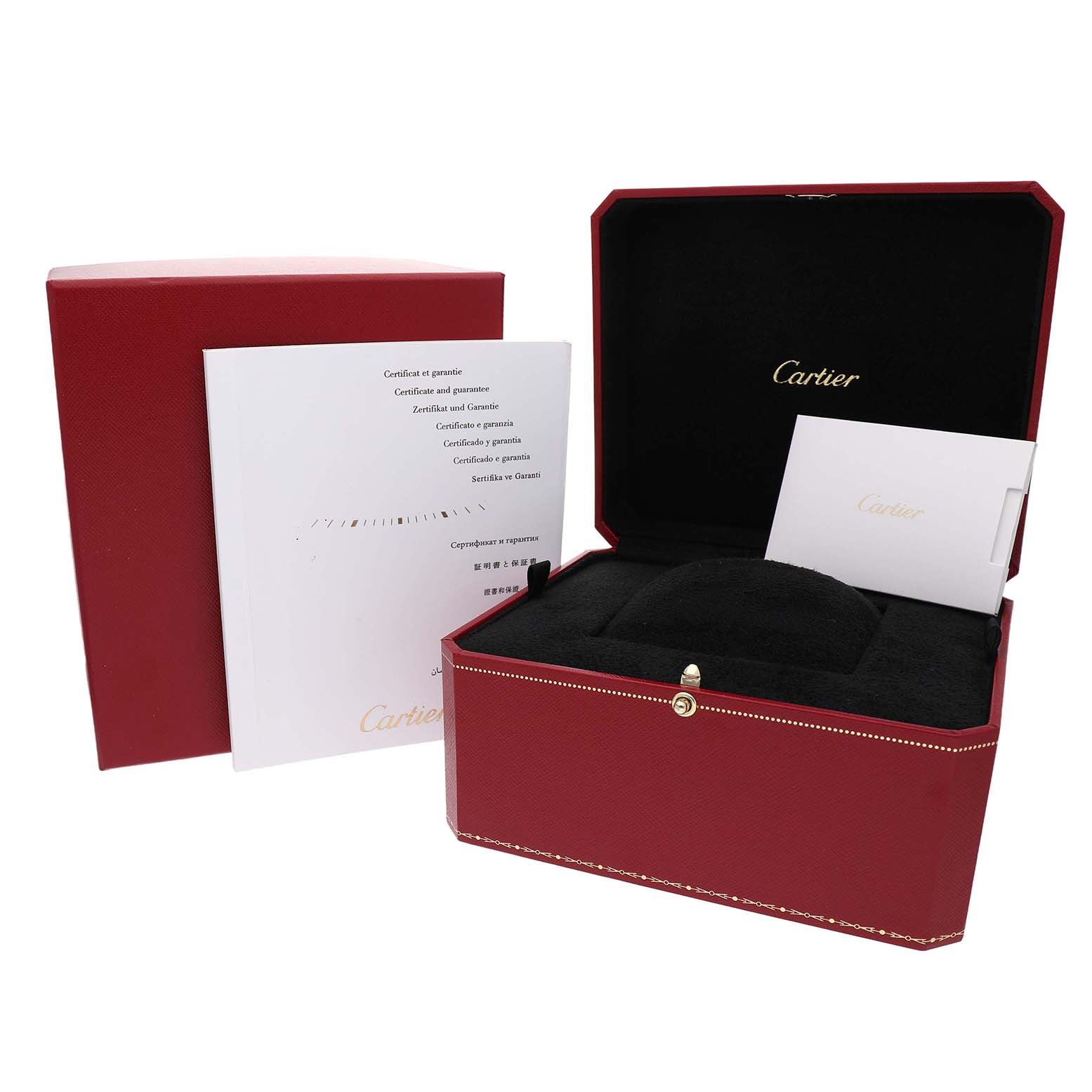 The image shows the packaging and documentation for the Cartier Baignoire W8000007 Women's Rose Gold Silver Dial watch, including an open red box and certificates.