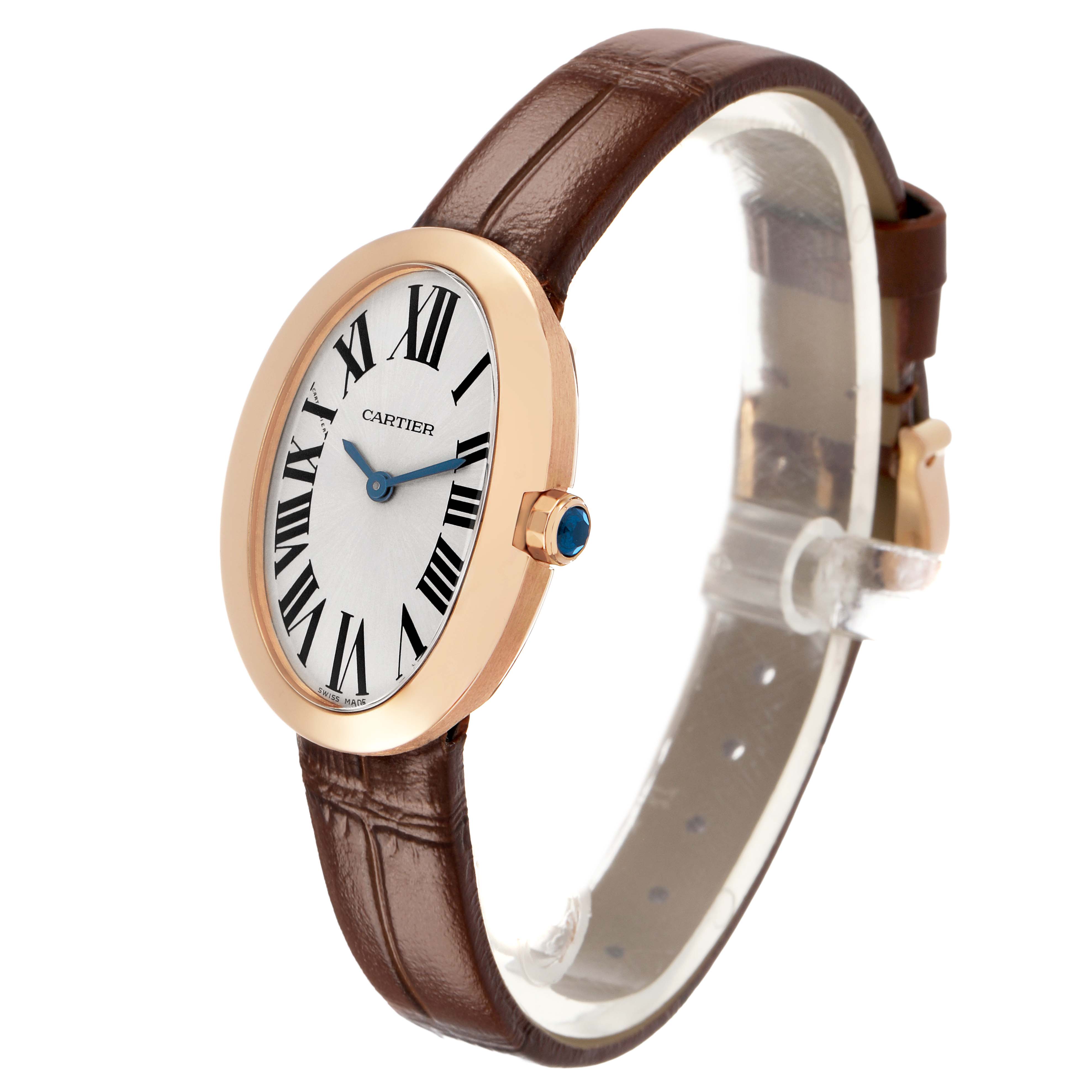 The Cartier Baignoire W8000007 Women's Rose Gold Silver Dial watch is shown at a slightly tilted side angle, displaying the face, crown, and leather strap.
