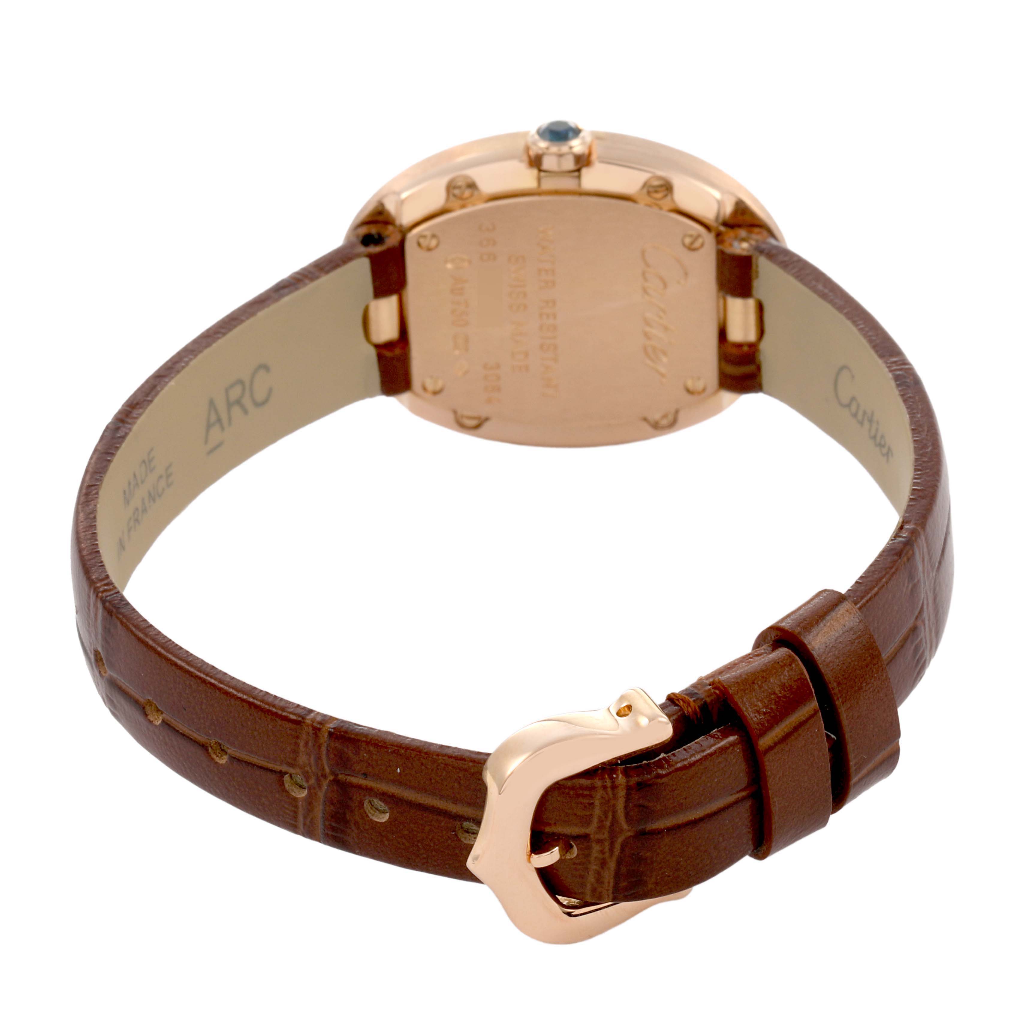 The image shows the back view of the Cartier Baignoire W8000007 Women's Rose Gold Silver Dial watch, highlighting the strap, buckle, and case back.