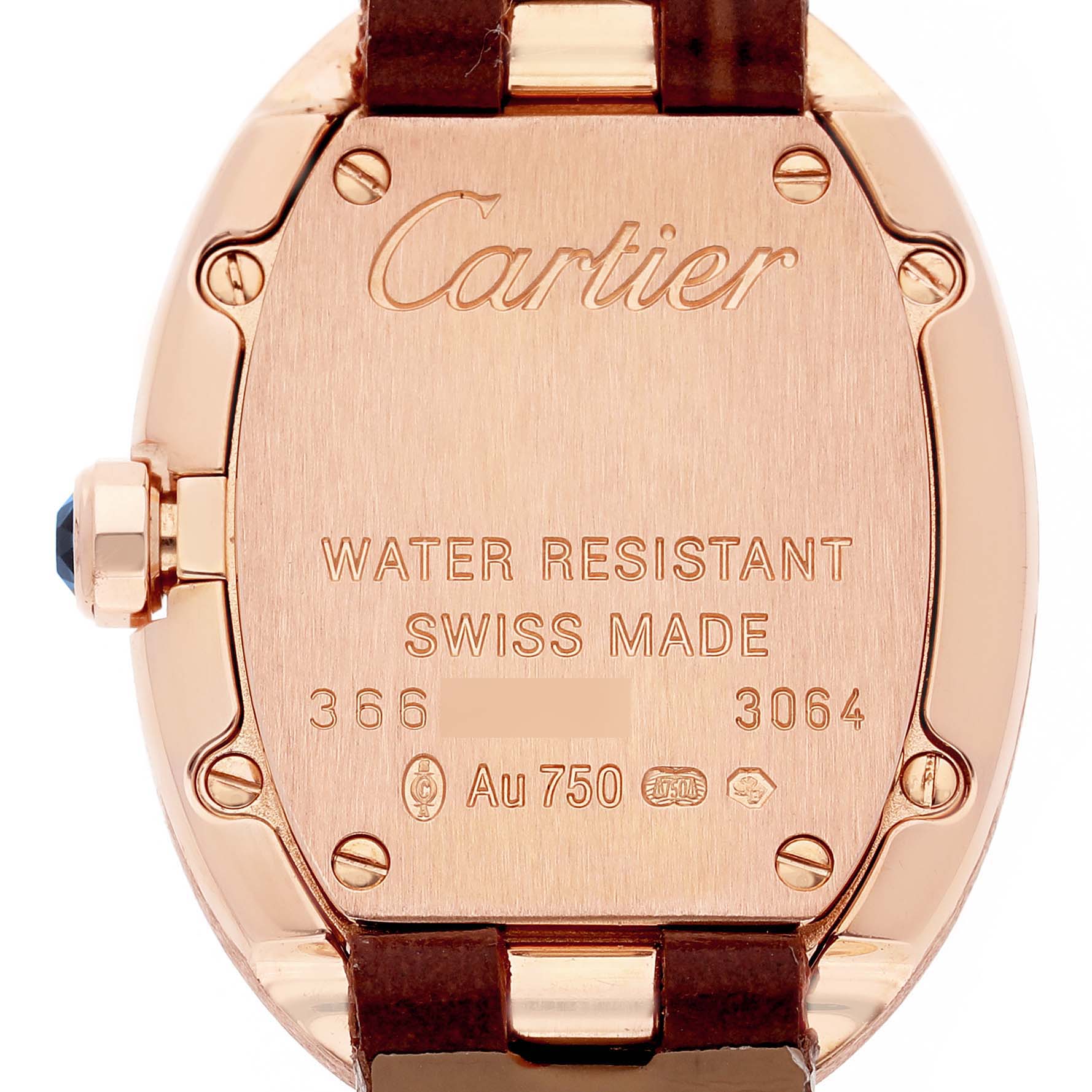 The image shows the back of the Cartier Baignoire W8000007 Women's Rose Gold Silver Dial watch, featuring the engraved brand name, model details, and water resistance information.