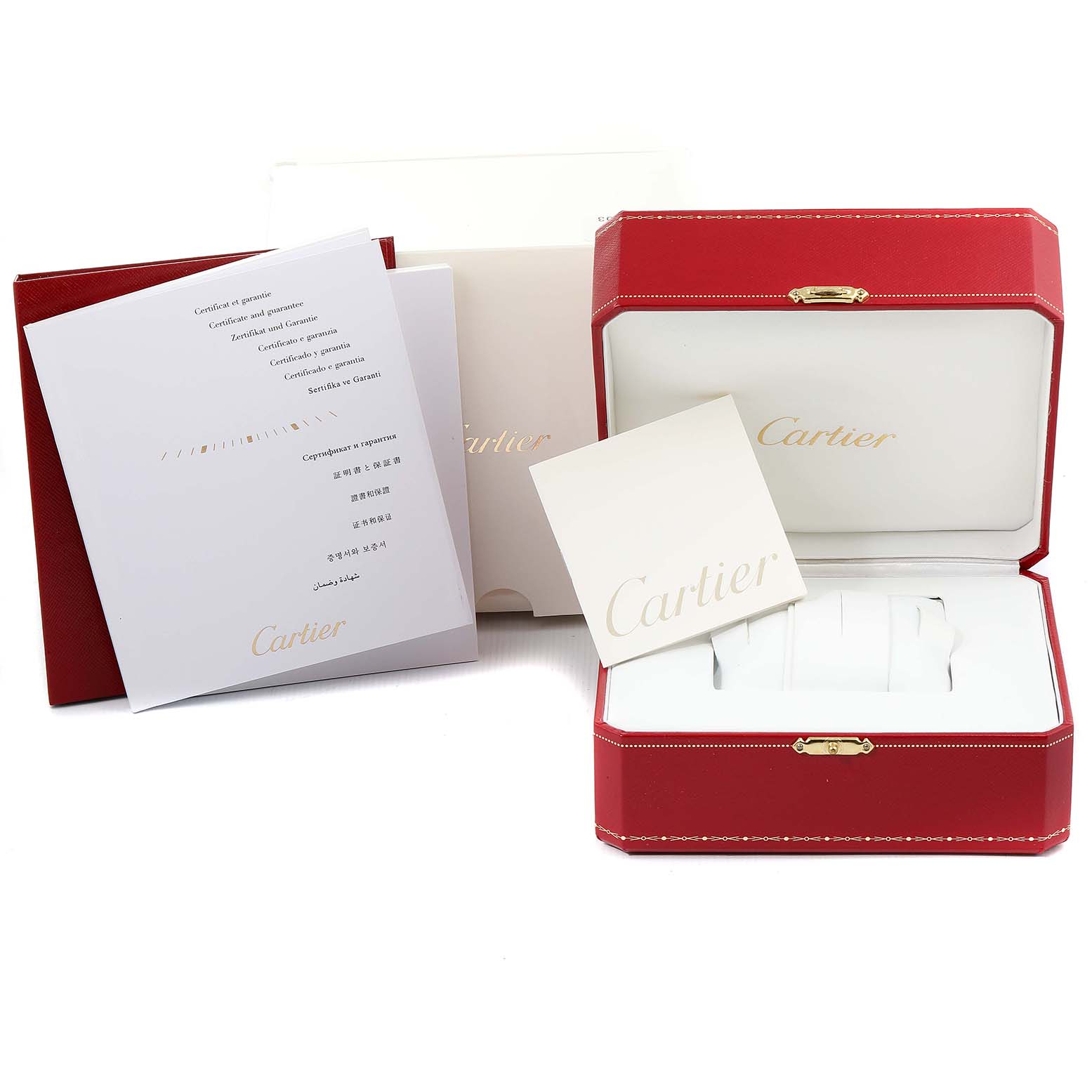 The image shows the packaging and documentation for the Cartier Ballon Bleu WE902061 Women's Steel and Gold (two tone) Silver Dial WE902061 Women's Steel and Gold (two tone) Silver Dial watch, including the red box and warranty papers.