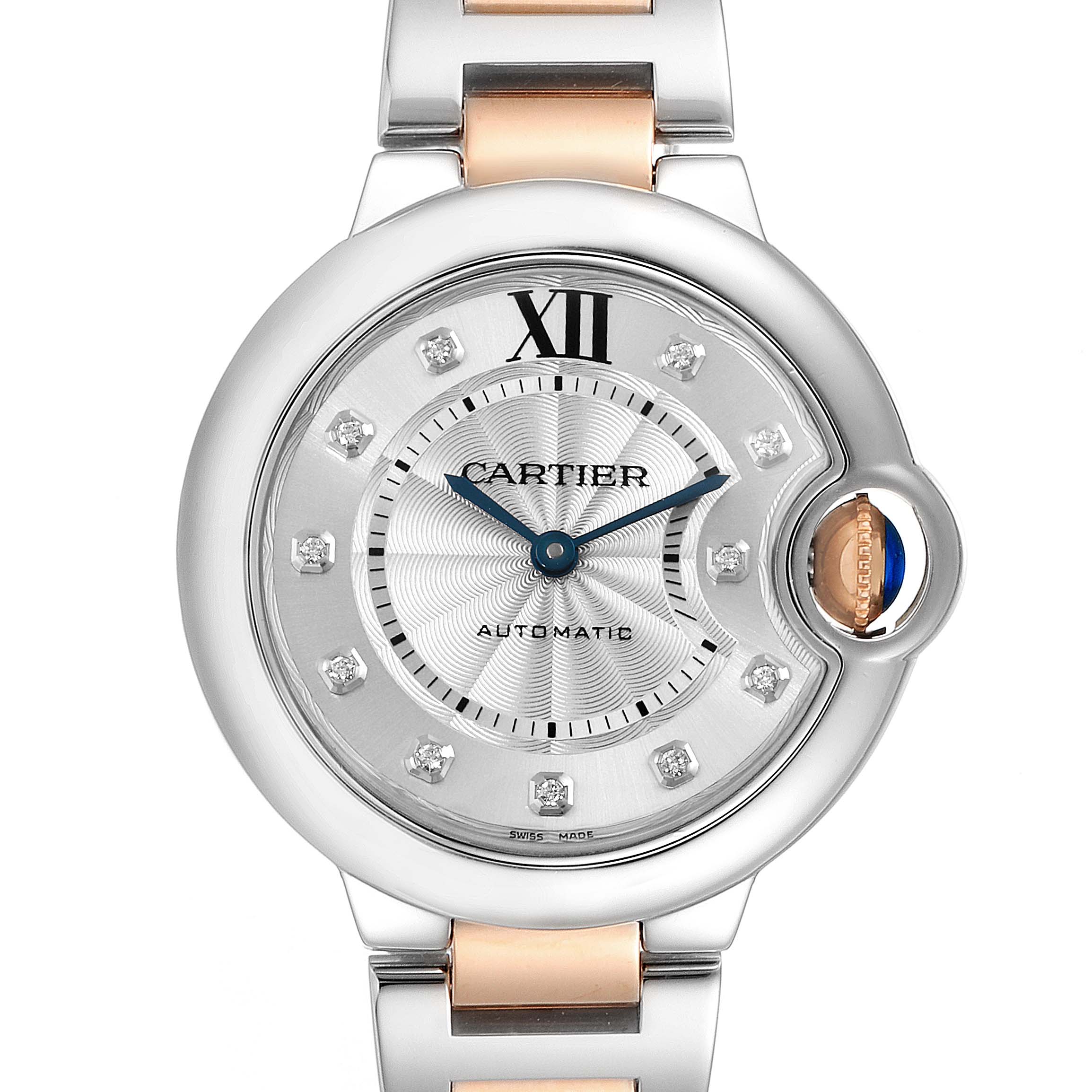 This is a close-up of the Cartier Ballon Bleu WE902061 Women's Steel and Gold (two tone) Silver Dial WE902061 Women's Steel and Gold (two tone) Silver Dial watch, showing the dial, crown, and part of the bracelet.