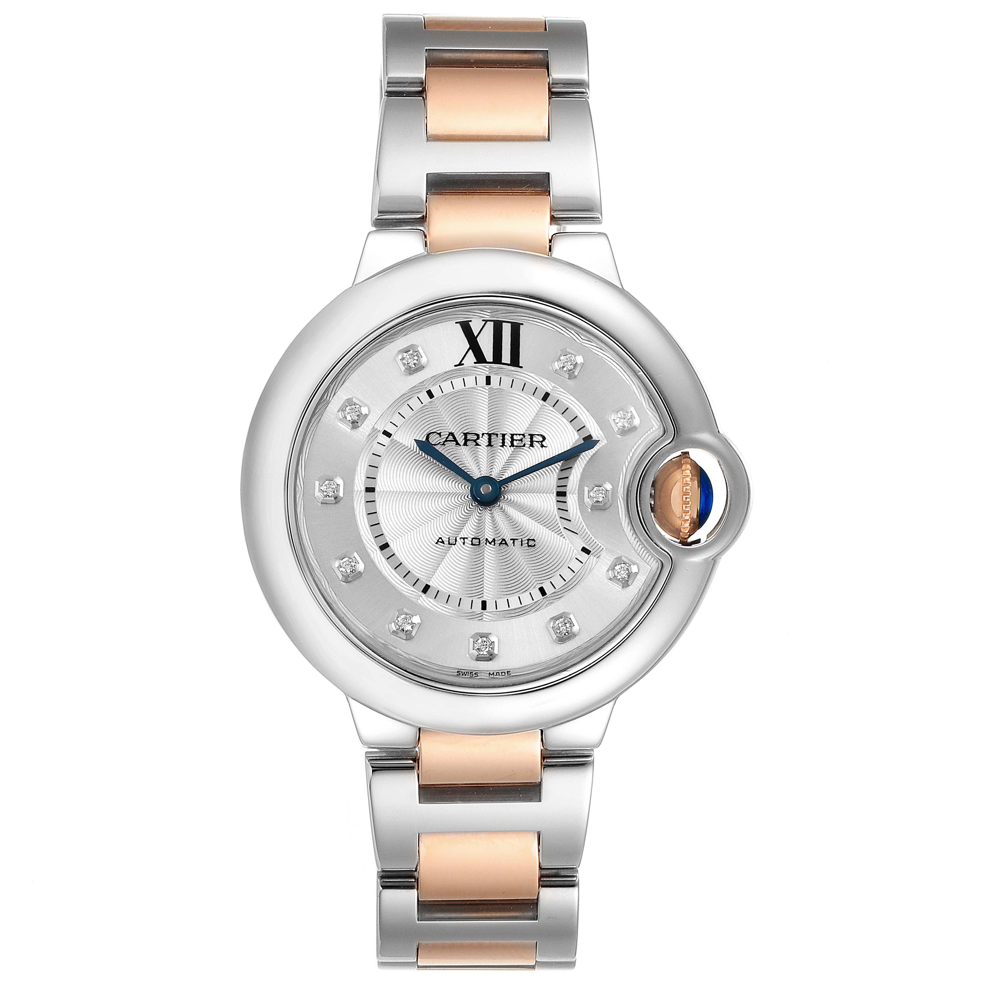 The image shows a front view of the Ballon Bleu by Cartier, highlighting the face, dial, and two-tone bracelet.