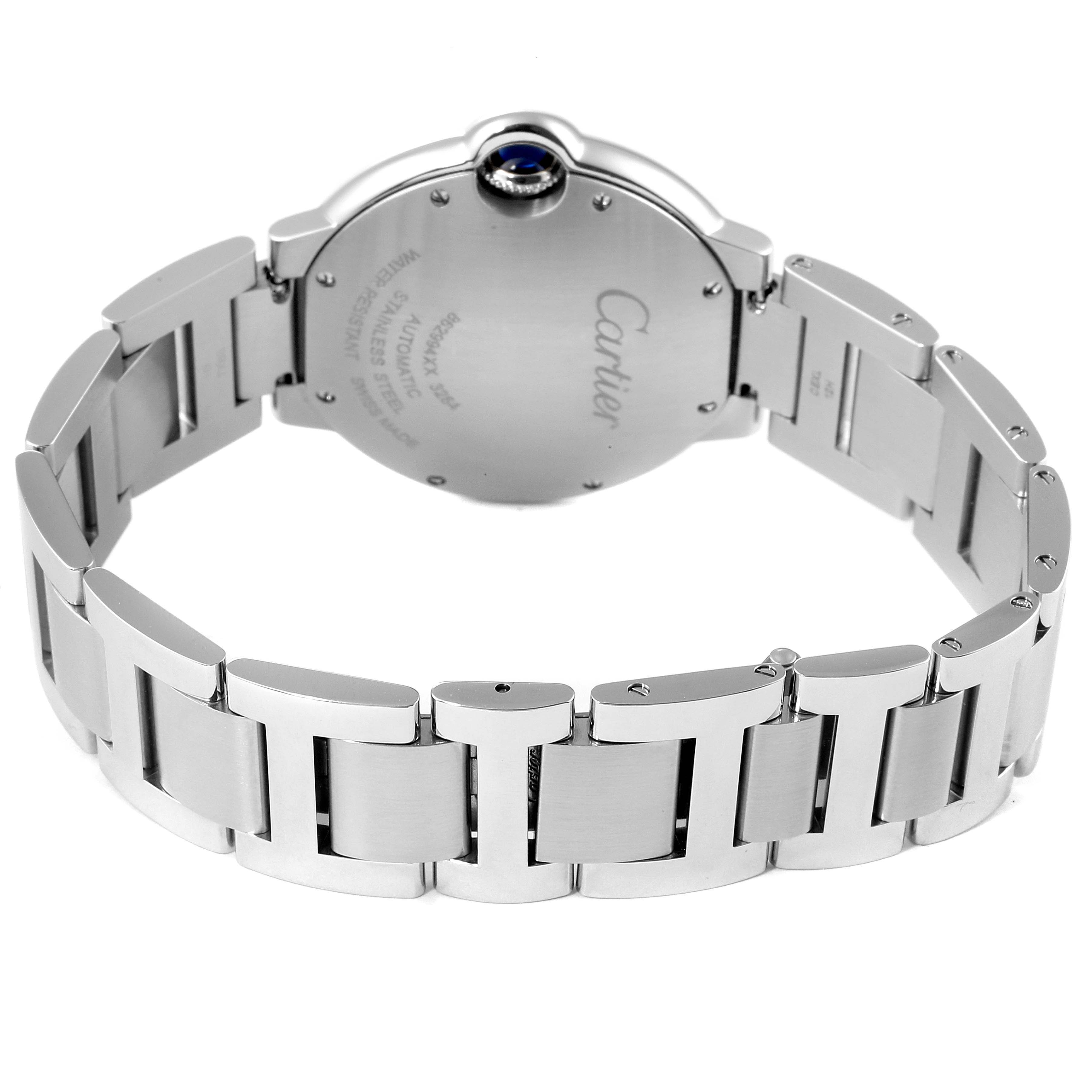 This image shows the back case and metal bracelet of a Cartier Ballon Bleu W6920046 Men
s Stainless Steel Silver Dial W6920046 Men
s Stainless Steel Silver Dial watch from a rear angle.
