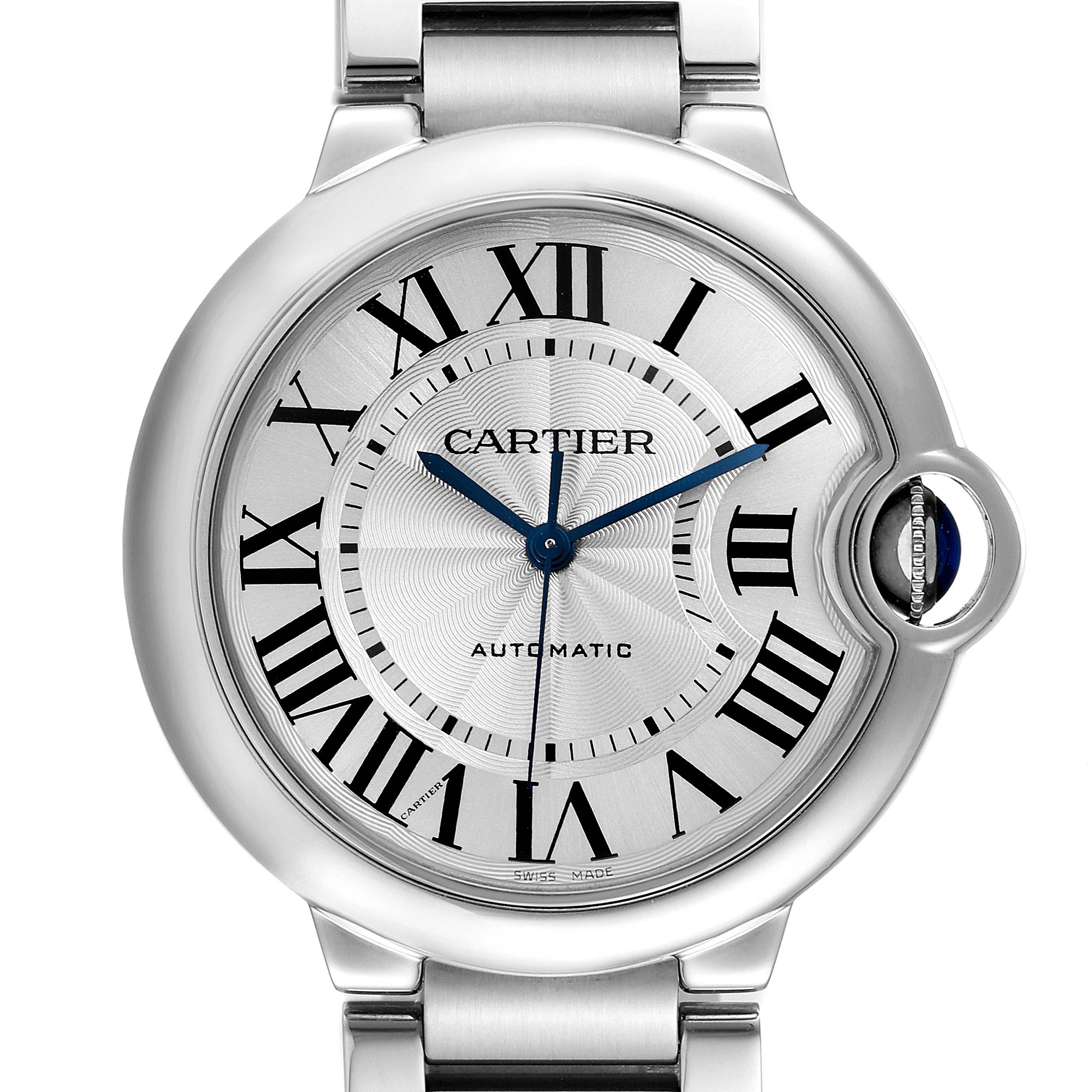 The image shows a front view of the face and part of the bracelet of the Cartier Ballon Bleu W6920046 Men
s Stainless Steel Silver Dial W6920046 Men
s Stainless Steel Silver Dial watch.
