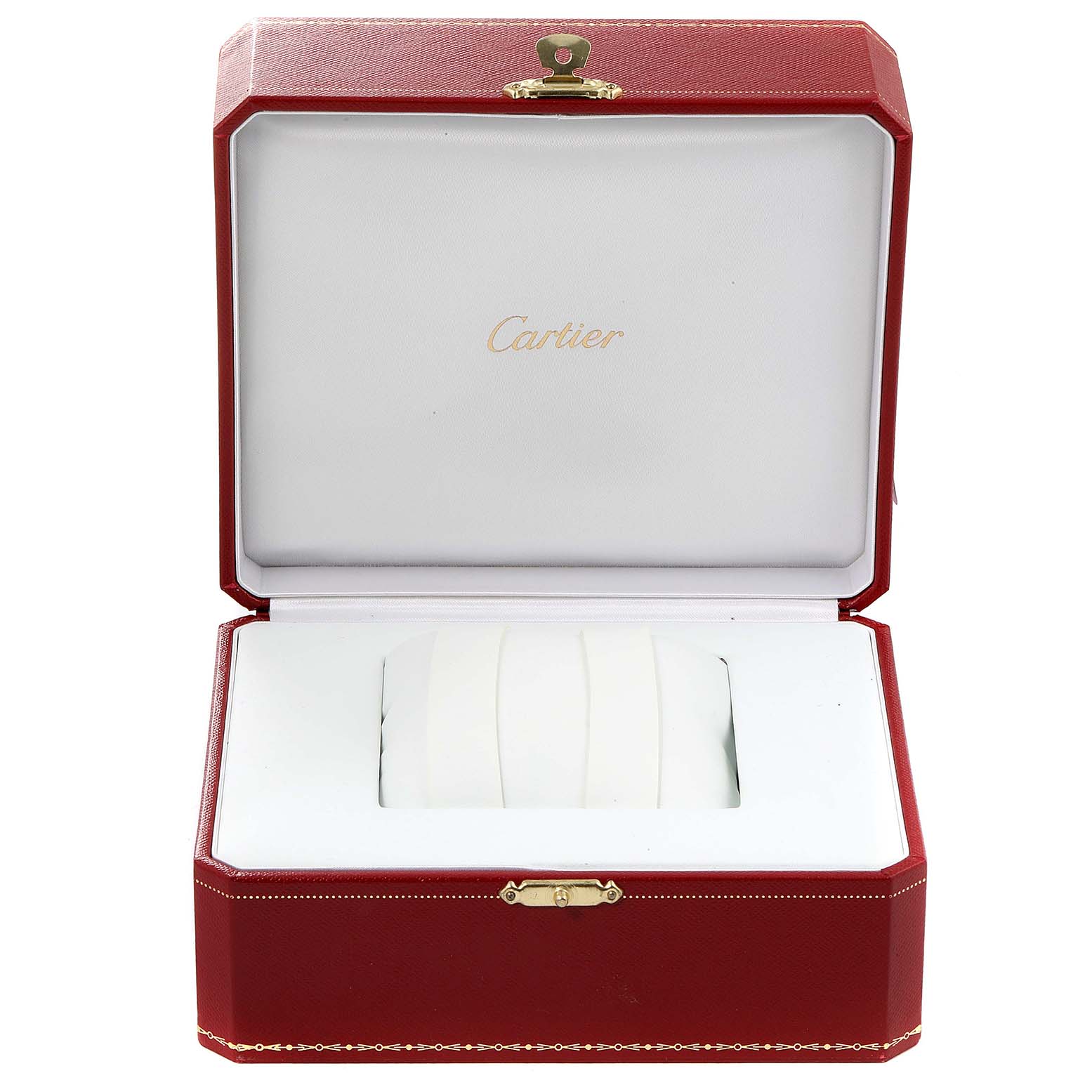 The image shows the open red case of a Cartier Ballon Bleu W6920046 Men
s Stainless Steel Silver Dial W6920046 Men
s Stainless Steel Silver Dial watch, highlighting its interior without the watch inside.