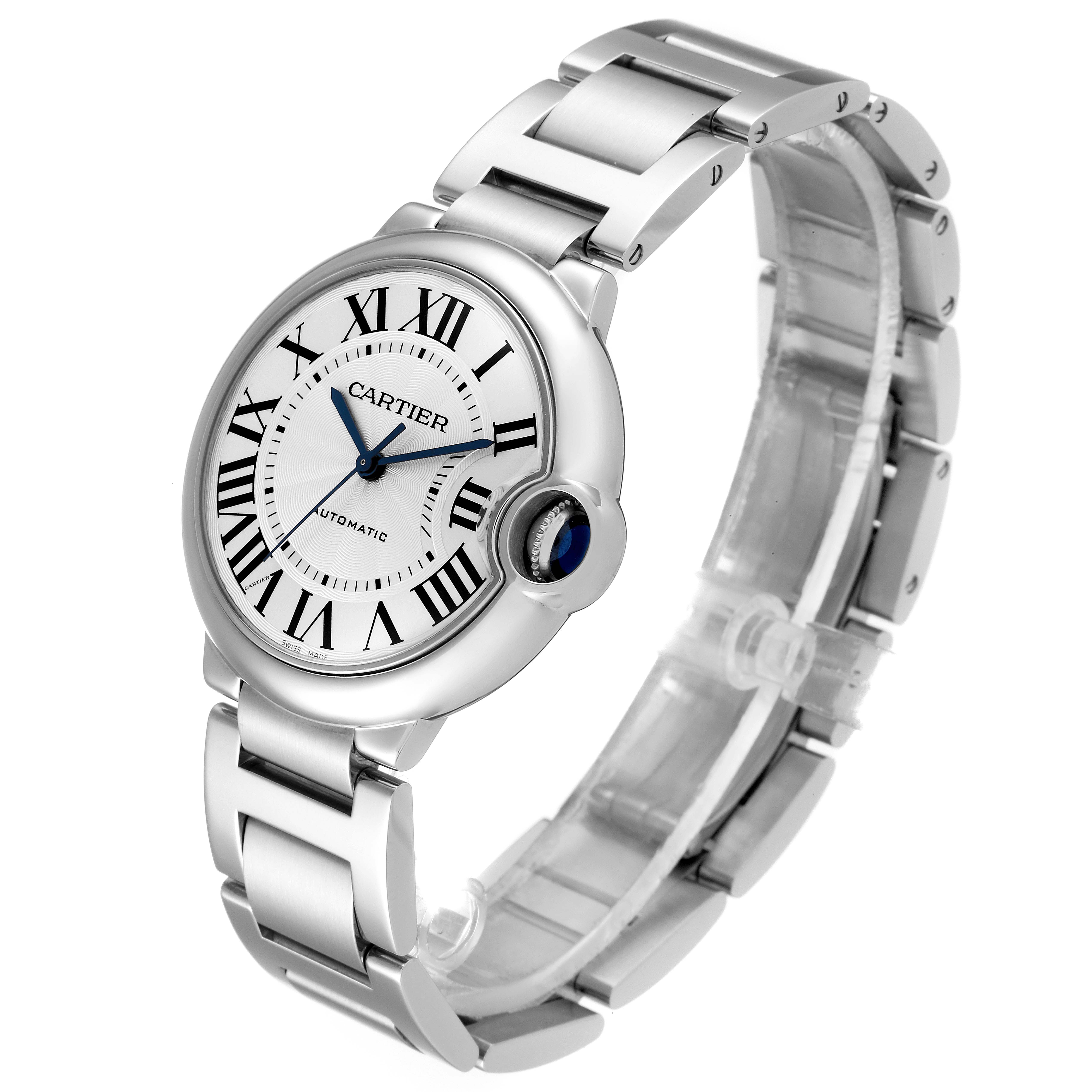 The image shows a front-side angle of the Cartier Ballon Bleu W6920046 Men
s Stainless Steel Silver Dial W6920046 Men
s Stainless Steel Silver Dial watch, highlighting its dial, bezel, and metal bracelet.