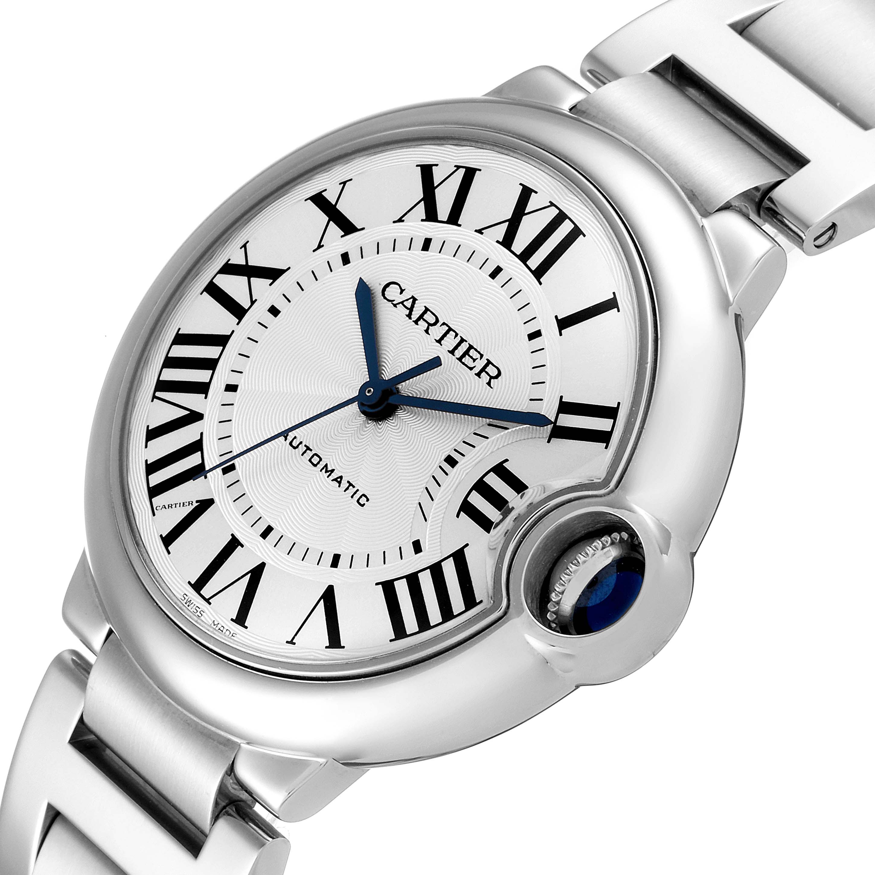 The image shows a close-up angle of the dial and part of the bracelet of a Cartier Ballon Bleu W6920046 Men
s Stainless Steel Silver Dial W6920046 Men
s Stainless Steel Silver Dial watch.