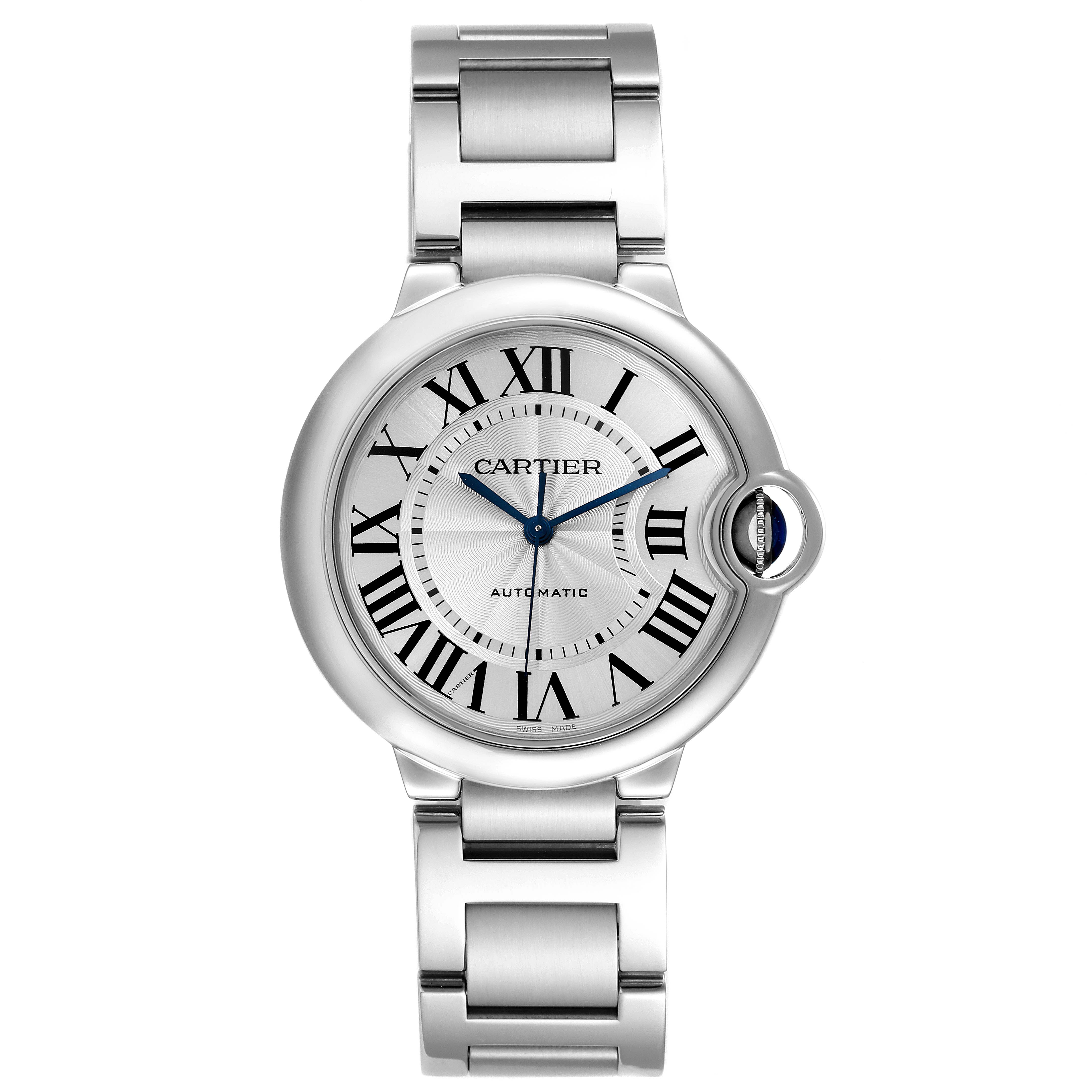 The image shows a front view of the Cartier Ballon Bleu W6920046 Men
s Stainless Steel Silver Dial W6920046 Men
s Stainless Steel Silver Dial watch, highlighting its dial, case, and bracelet.