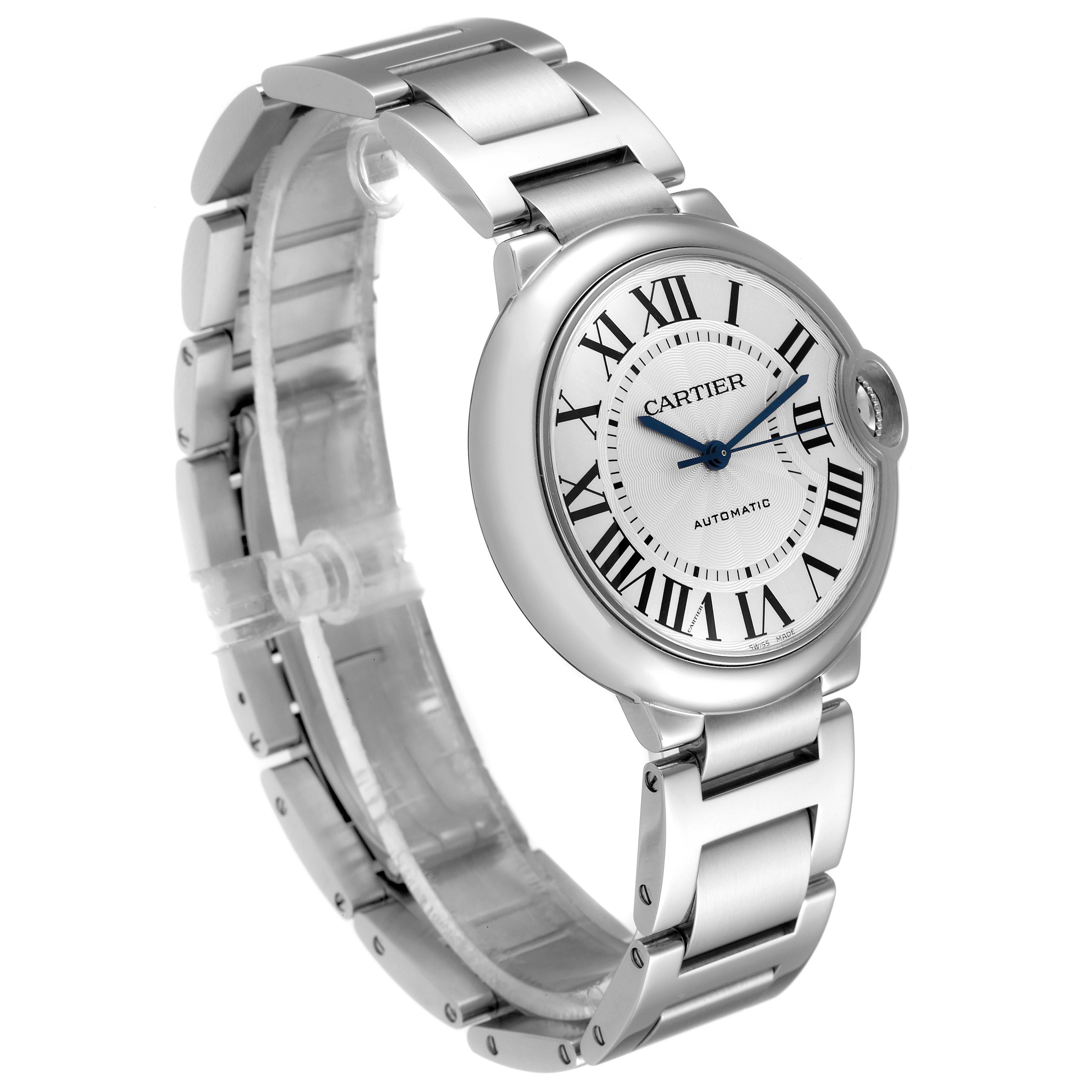 The image shows a side angle of the Cartier Ballon Bleu W6920046 Men
s Stainless Steel Silver Dial W6920046 Men
s Stainless Steel Silver Dial watch, highlighting its bracelet and face with Roman numerals.