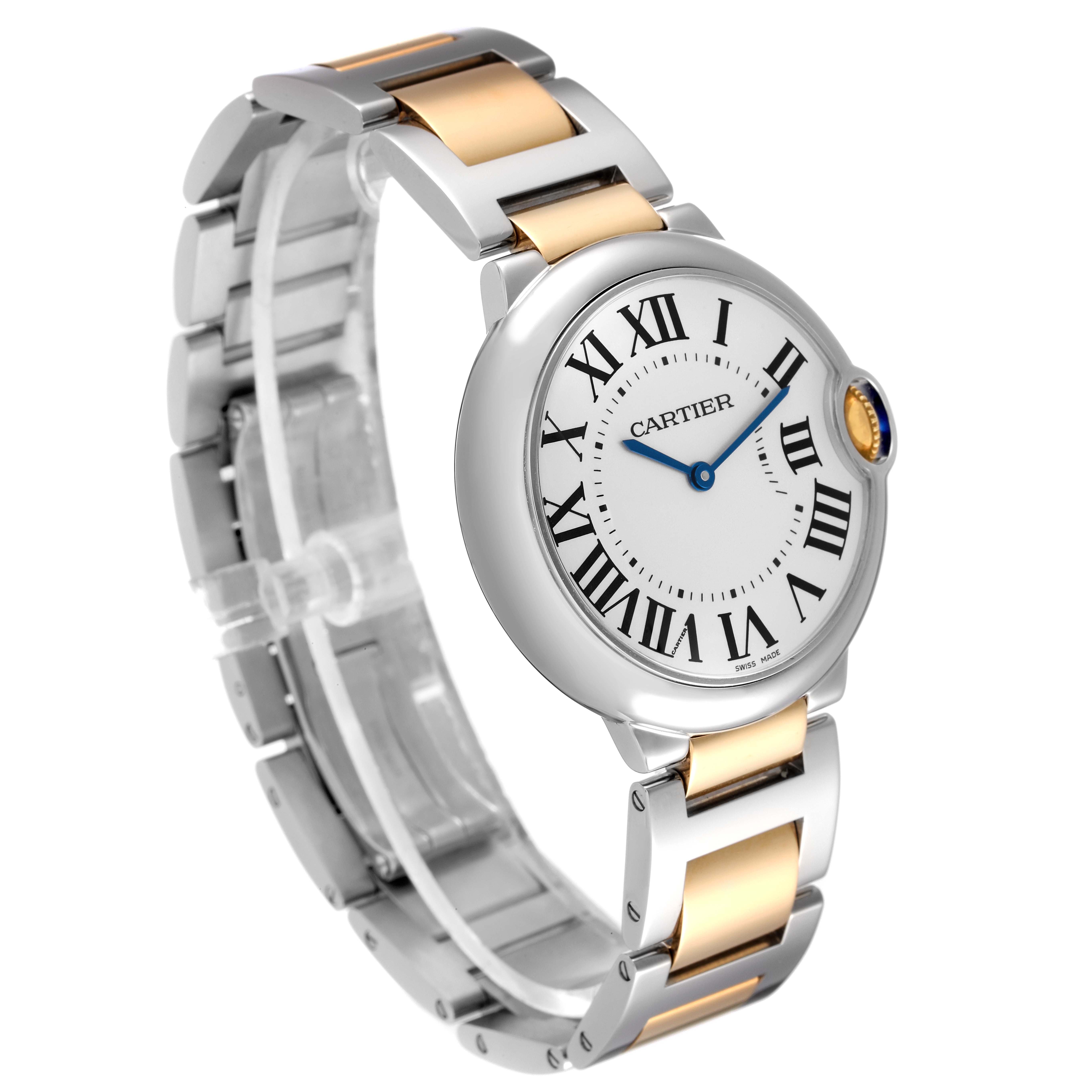The image shows a Cartier Ballon Bleu W69008Z3 Men's Steel and Gold (two tone) Silver Dial W69008Z3 Men's Steel and Gold (two tone) Silver Dial watch at a side angle, highlighting the face and two-tone metallic strap.