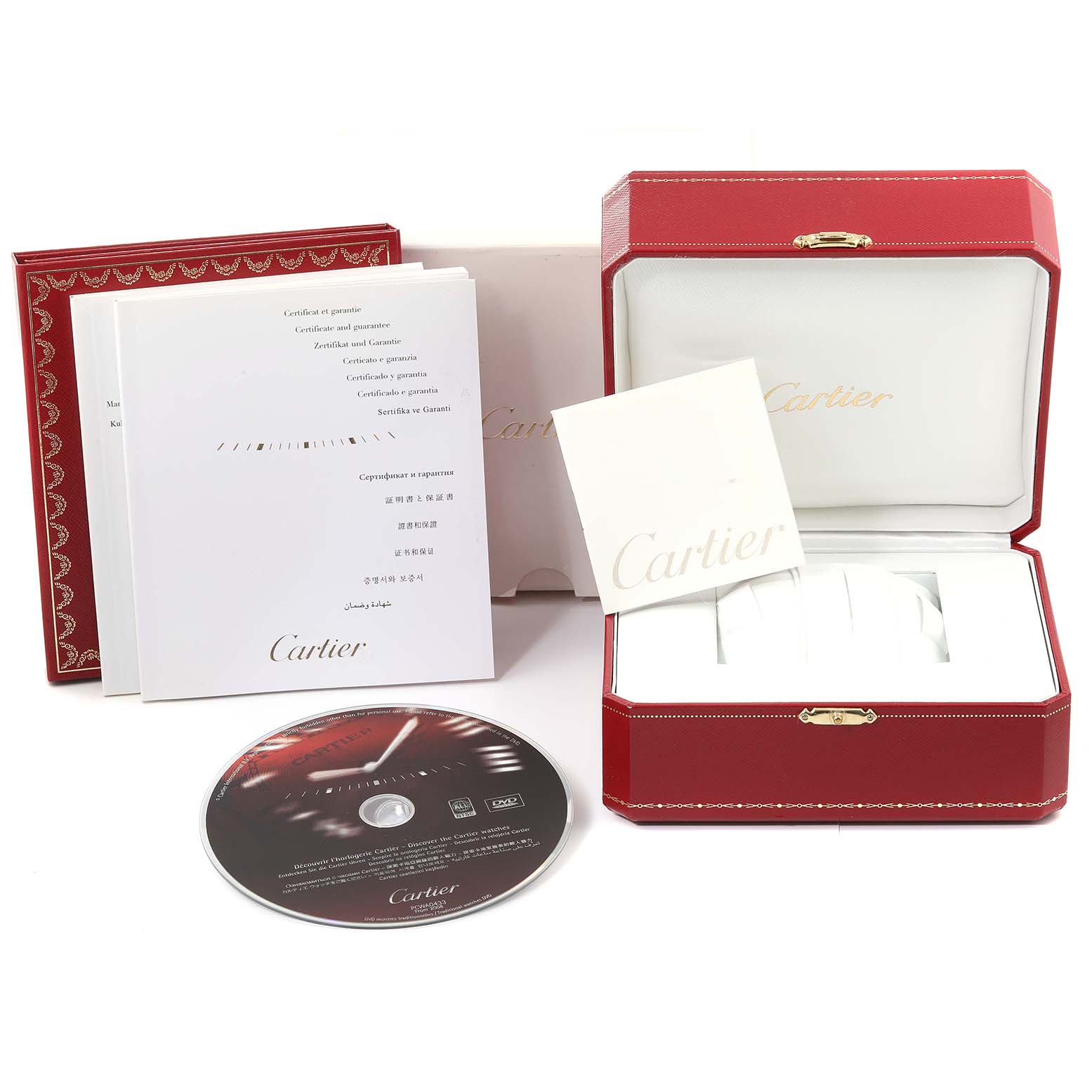 The image shows the packaging, instruction manuals, and a CD for the Cartier Ballon Bleu W69008Z3 Men's Steel and Gold (two tone) Silver Dial W69008Z3 Men's Steel and Gold (two tone) Silver Dial watch, alongside a red watch box.