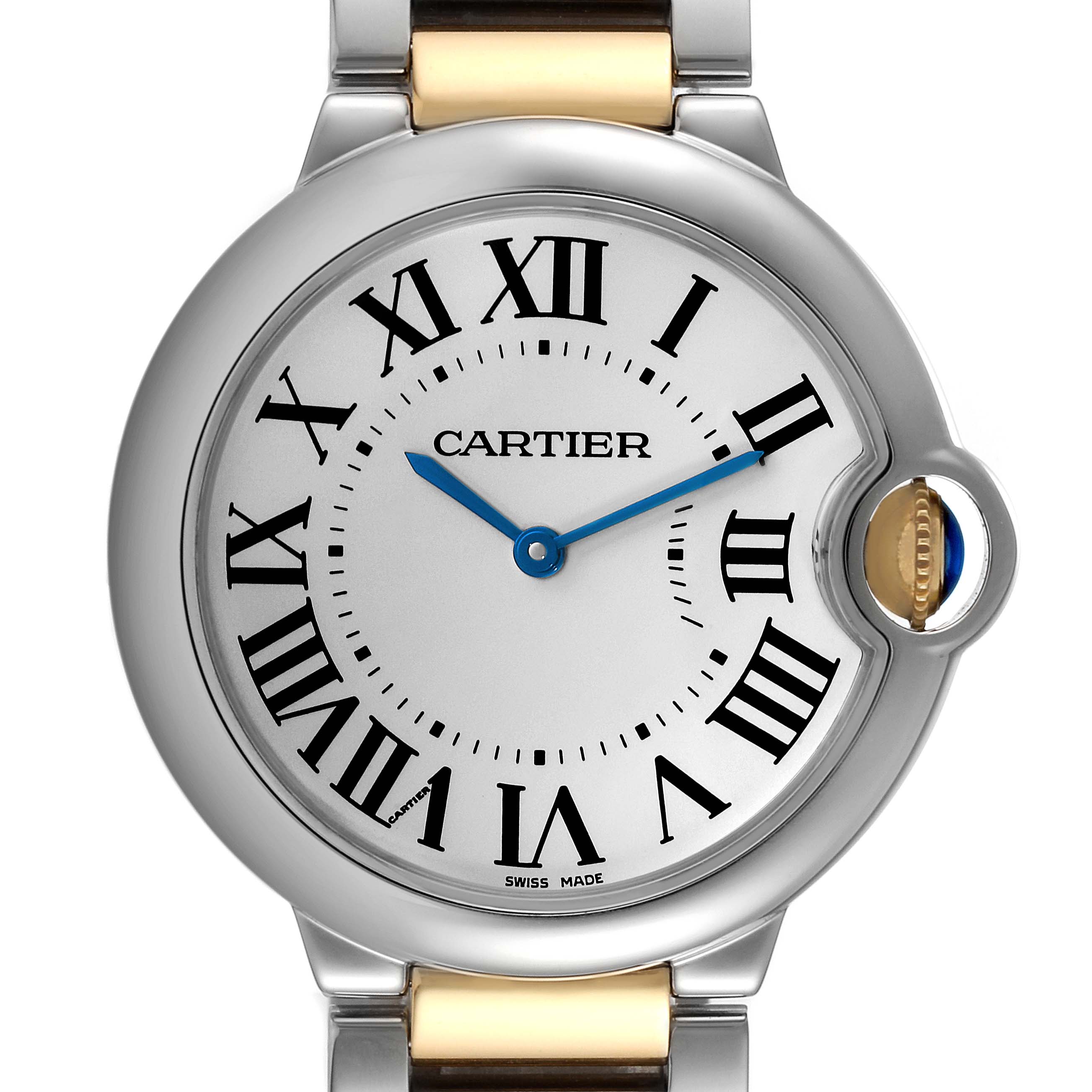 The image shows a close-up of the dial and bezel of a Cartier Ballon Bleu W69008Z3 Men's Steel and Gold (two tone) Silver Dial W69008Z3 Men's Steel and Gold (two tone) Silver Dial watch, highlighting the Roman numerals and blue hands.