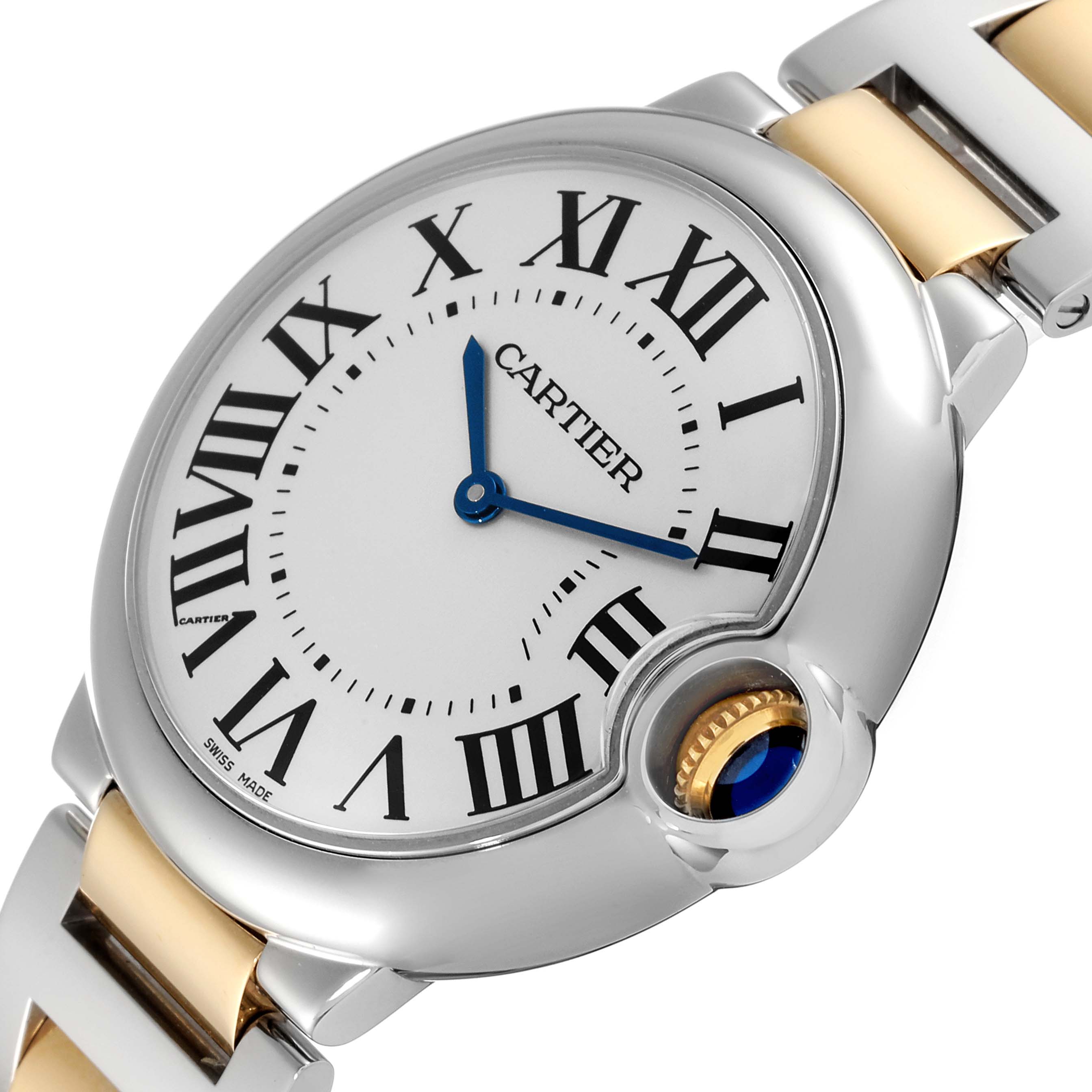 The image shows a close-up angle of the Cartier Ballon Bleu W69008Z3 Men's Steel and Gold (two tone) Silver Dial W69008Z3 Men's Steel and Gold (two tone) Silver Dial watch, highlighting the dial, blue hands, and the crown with a blue cabochon.