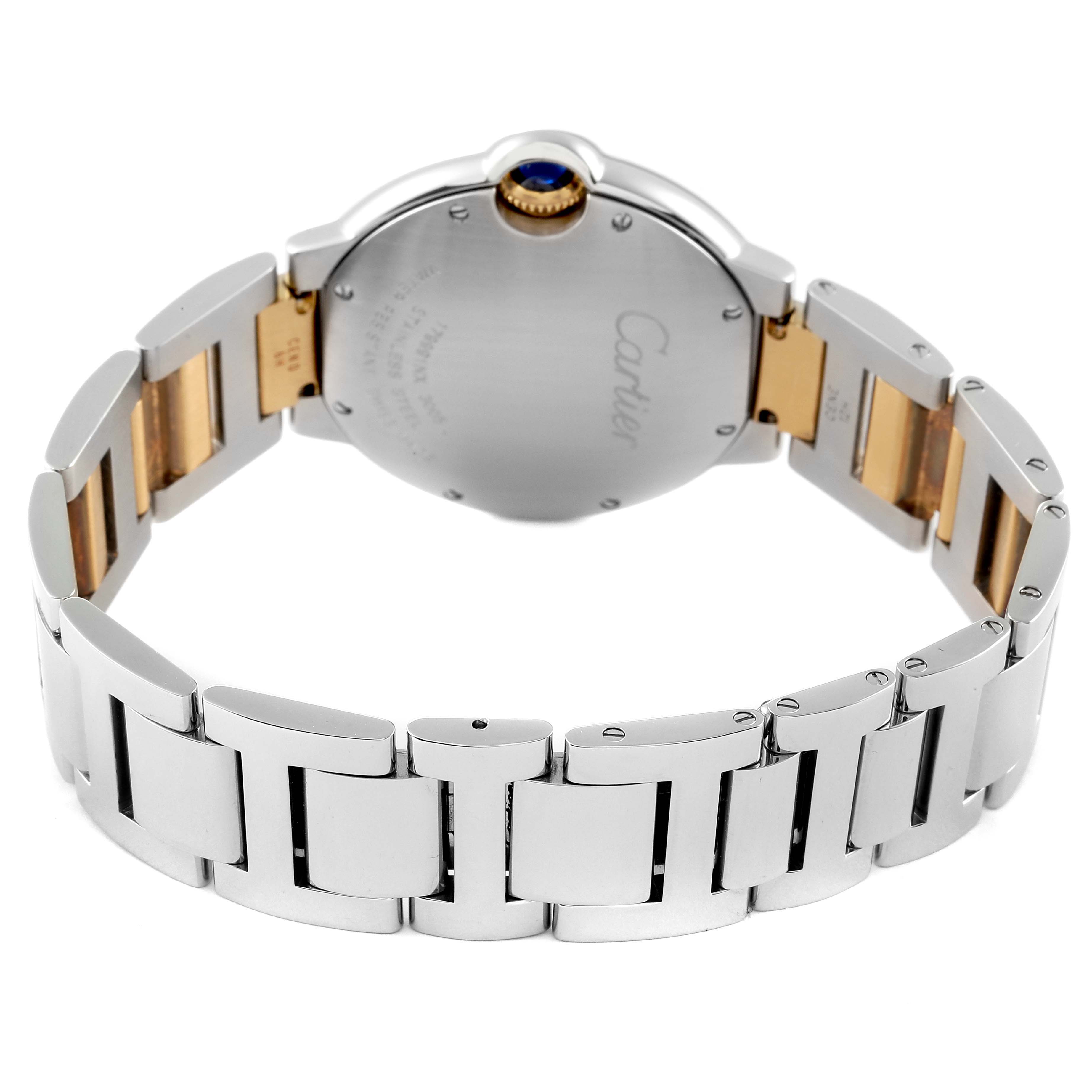 The image shows the back view of a Ballon Bleu by Cartier watch, highlighting the case back and the bracelet.