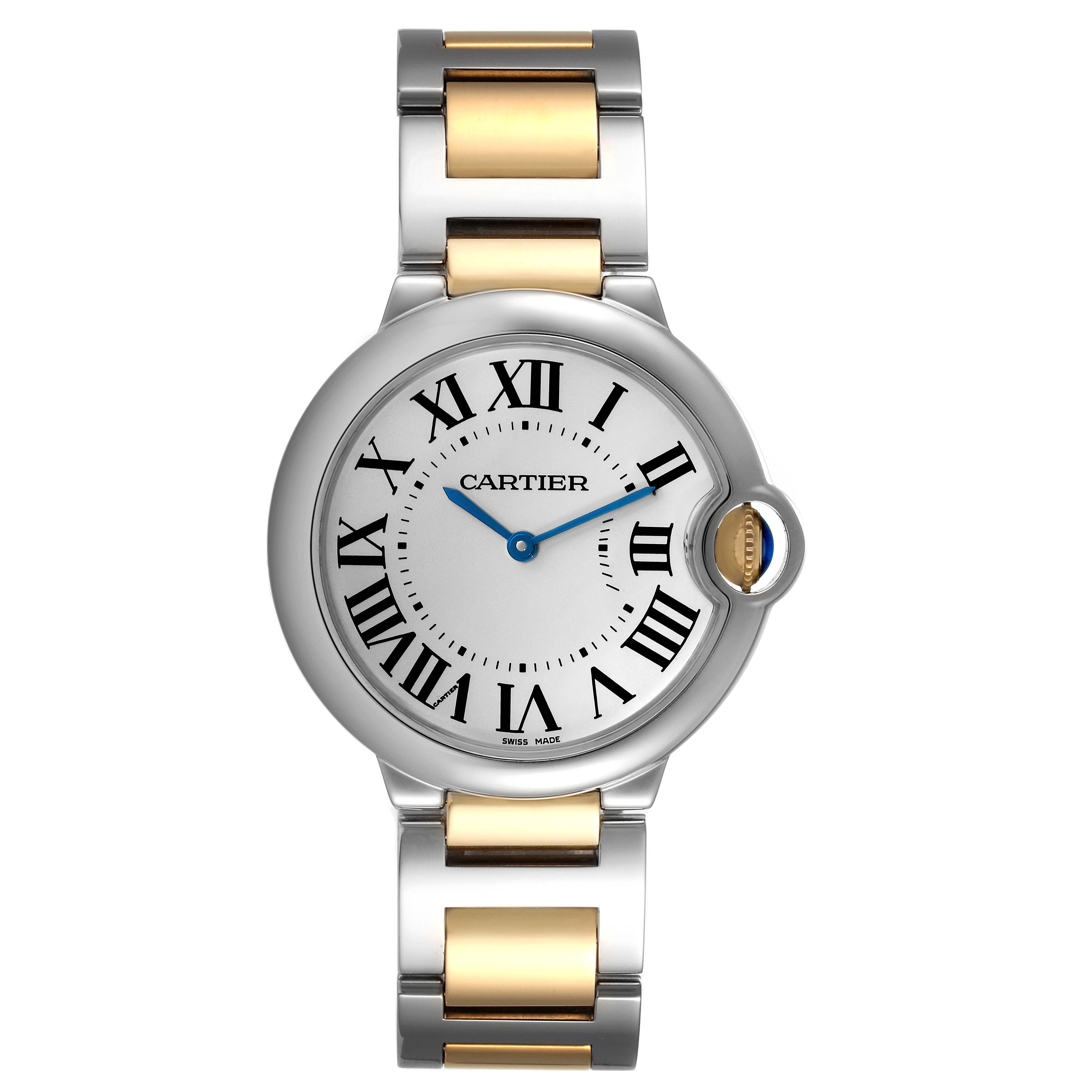 The image shows a front view of the Cartier Ballon Bleu W69008Z3 Men's Steel and Gold (two tone) Silver Dial W69008Z3 Men's Steel and Gold (two tone) Silver Dial watch with a two-tone bracelet and a silver dial with Roman numerals.
