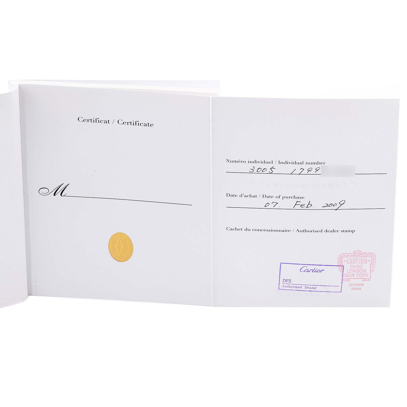 The image shows the open warranty certificate for the Ballon Bleu model by Cartier.