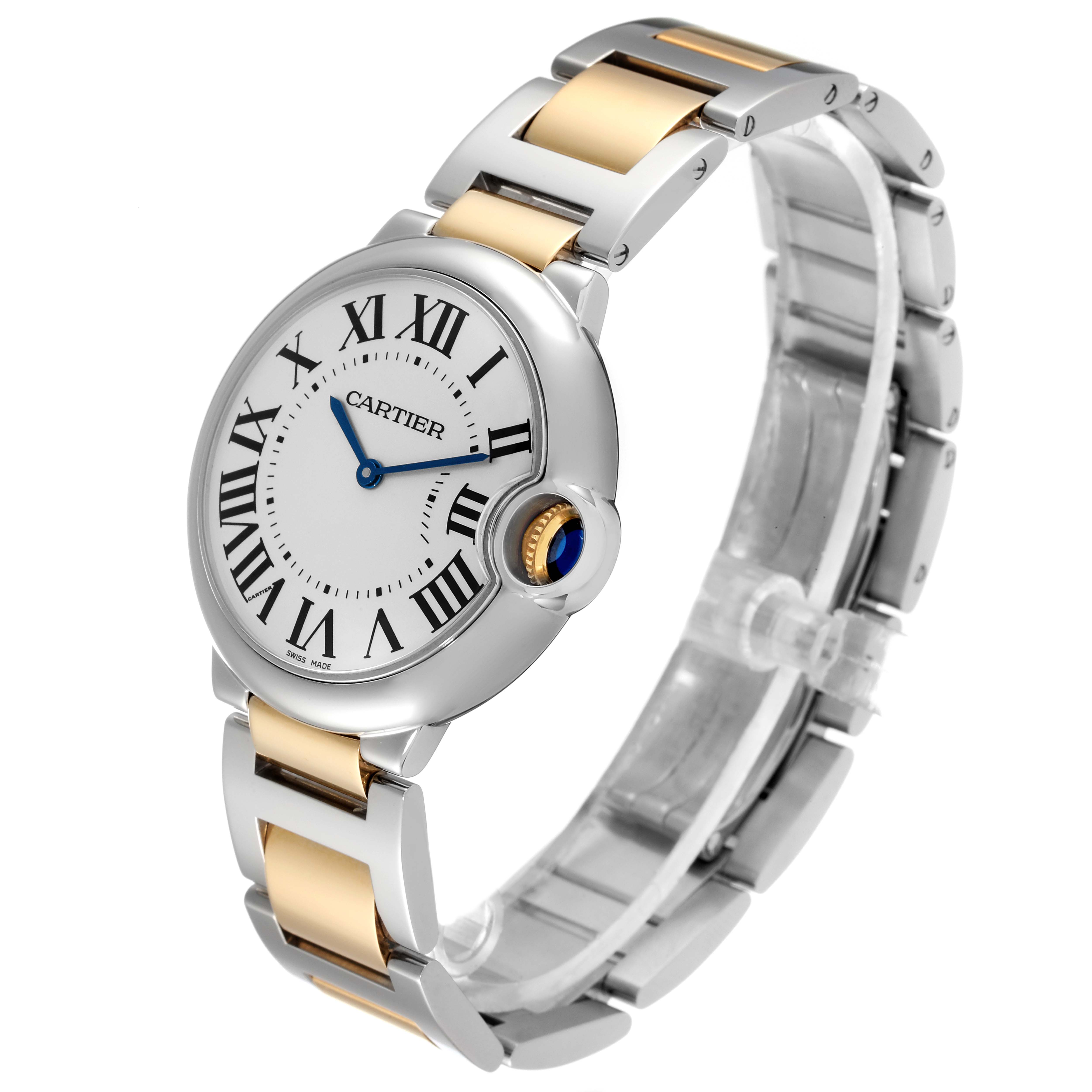 The image shows a Cartier Ballon Bleu W69008Z3 Men's Steel and Gold (two tone) Silver Dial W69008Z3 Men's Steel and Gold (two tone) Silver Dial watch, highlighting its round face, Roman numerals, and two-tone metal bracelet at an angled view.