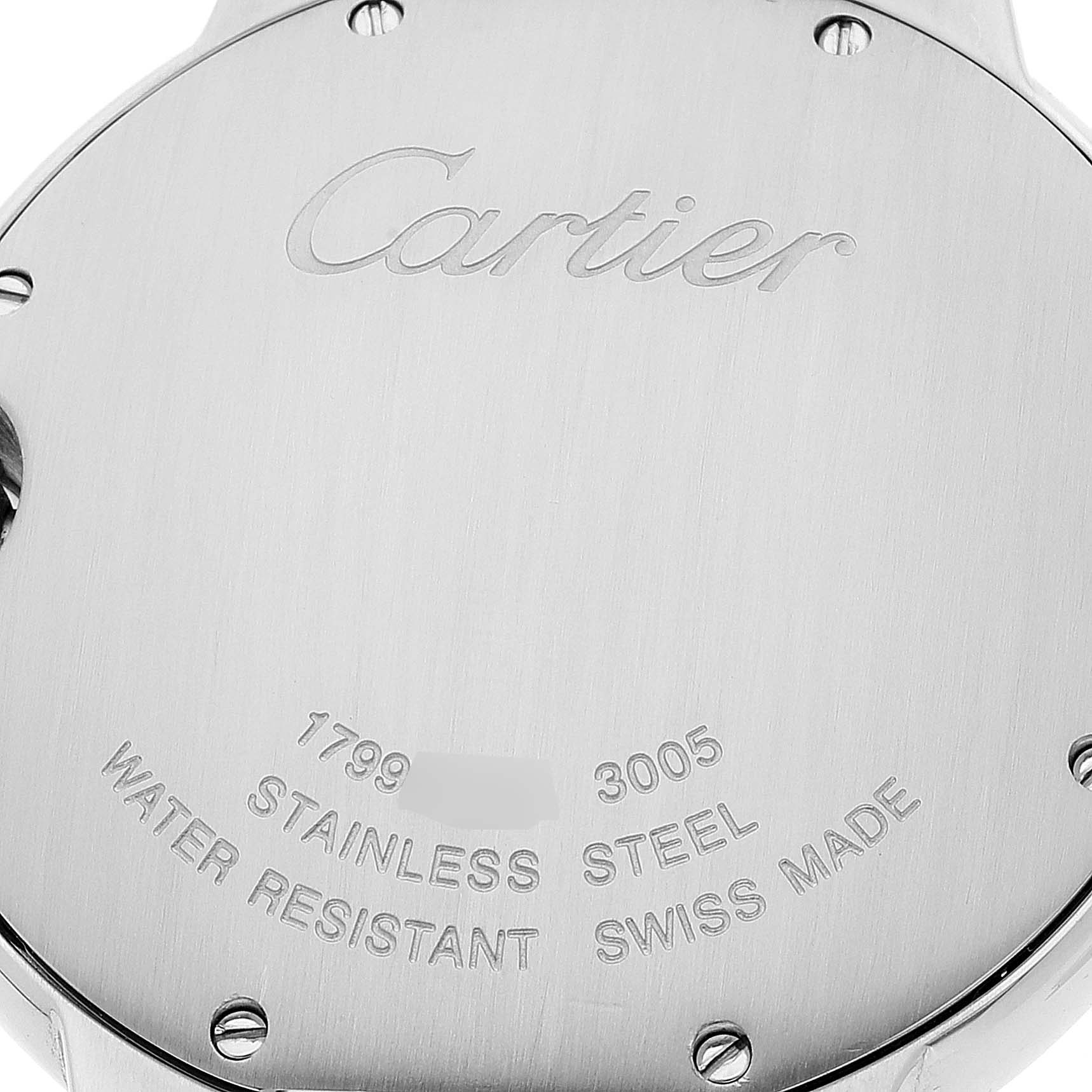 The image shows the back case of a Cartier Ballon Bleu W69008Z3 Men's Steel and Gold (two tone) Silver Dial W69008Z3 Men's Steel and Gold (two tone) Silver Dial watch, highlighting its stainless steel and water-resistant features.