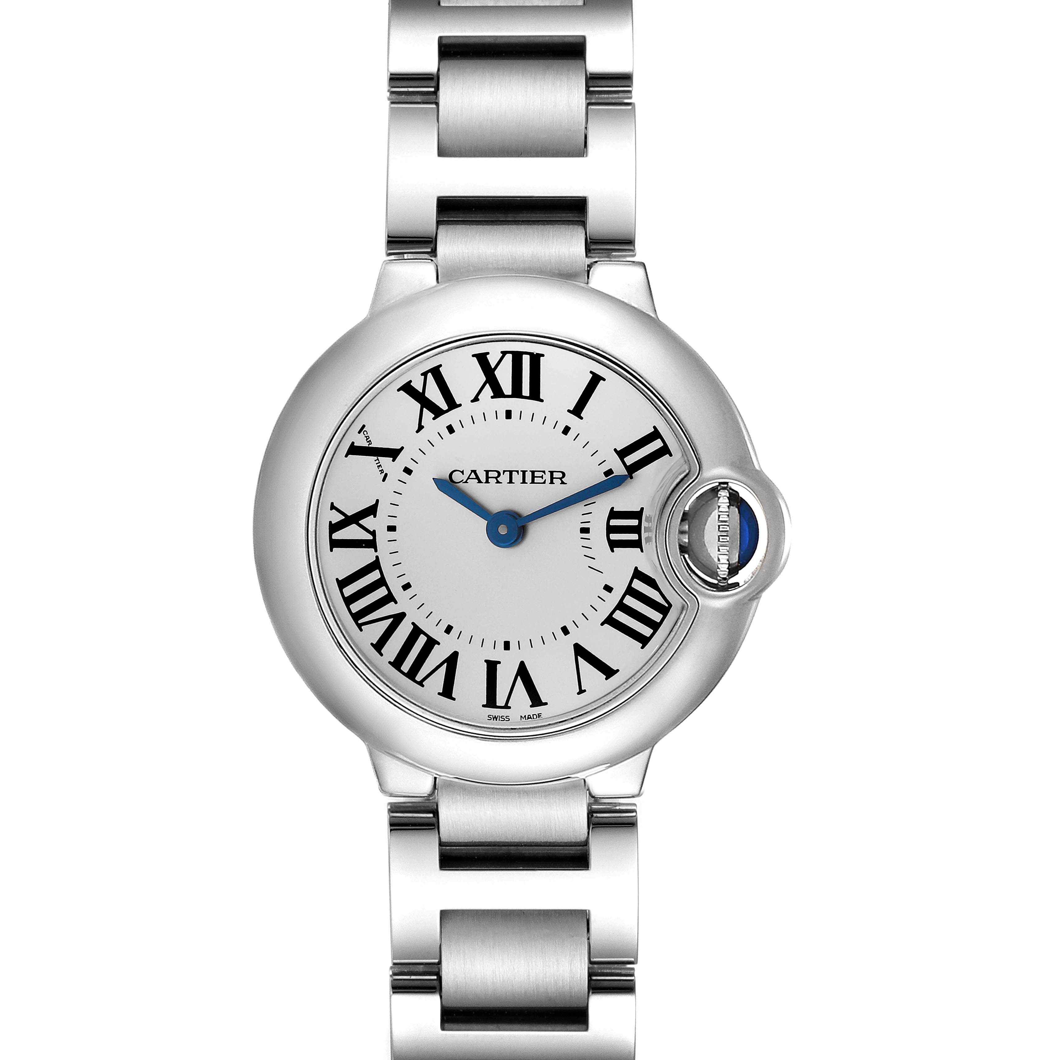The image shows a front view of a Cartier Ballon Bleu W69010Z4 Women
s Stainless Steel Silver Dial W69010Z4 Women
s Stainless Steel Silver Dial watch, displaying the face, bezel, and part of the bracelet.