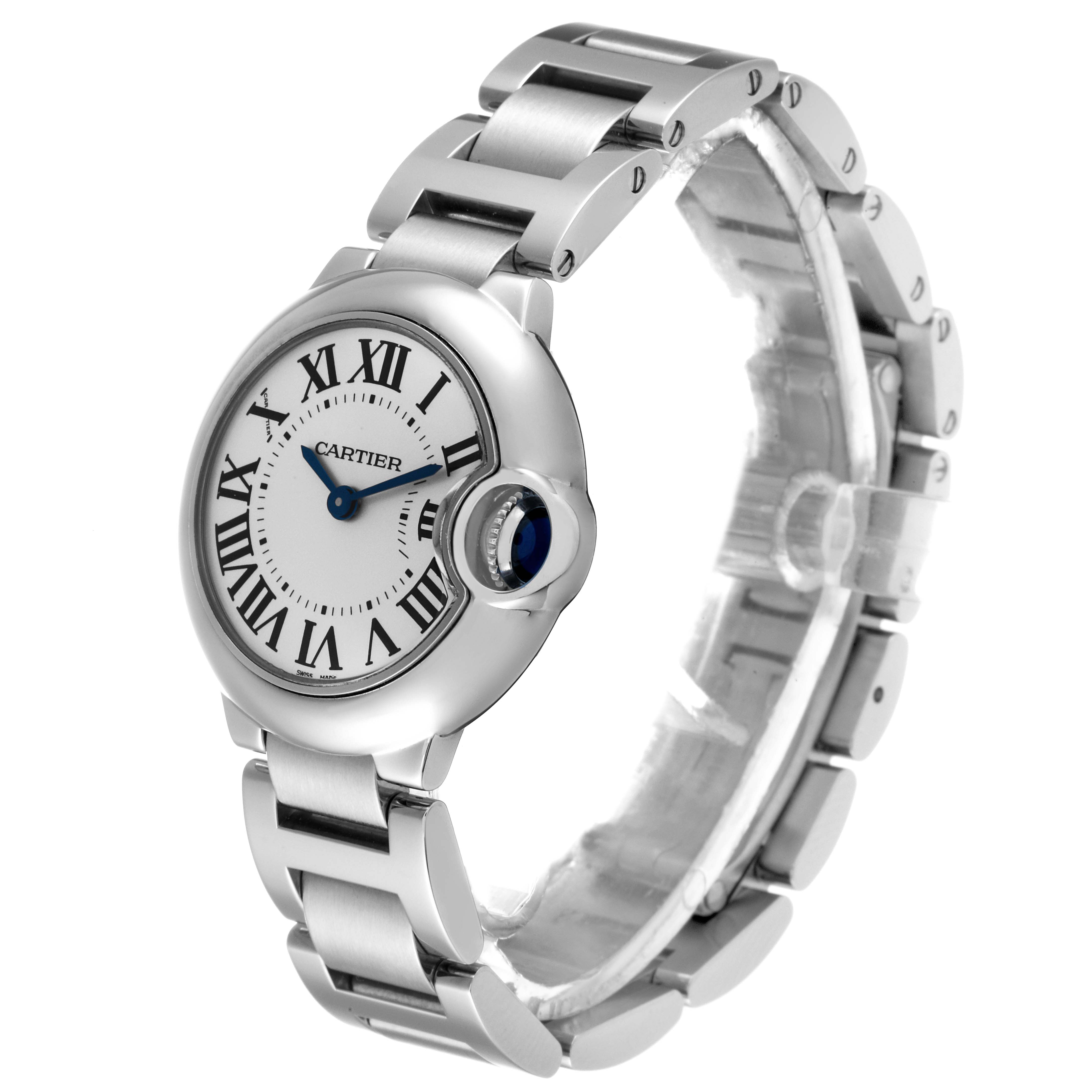 The image shows a Cartier Ballon Bleu W69010Z4 Women
s Stainless Steel Silver Dial W69010Z4 Women
s Stainless Steel Silver Dial watch at a slight angle, highlighting the face, blue hands, Roman numerals, and the bracelet.