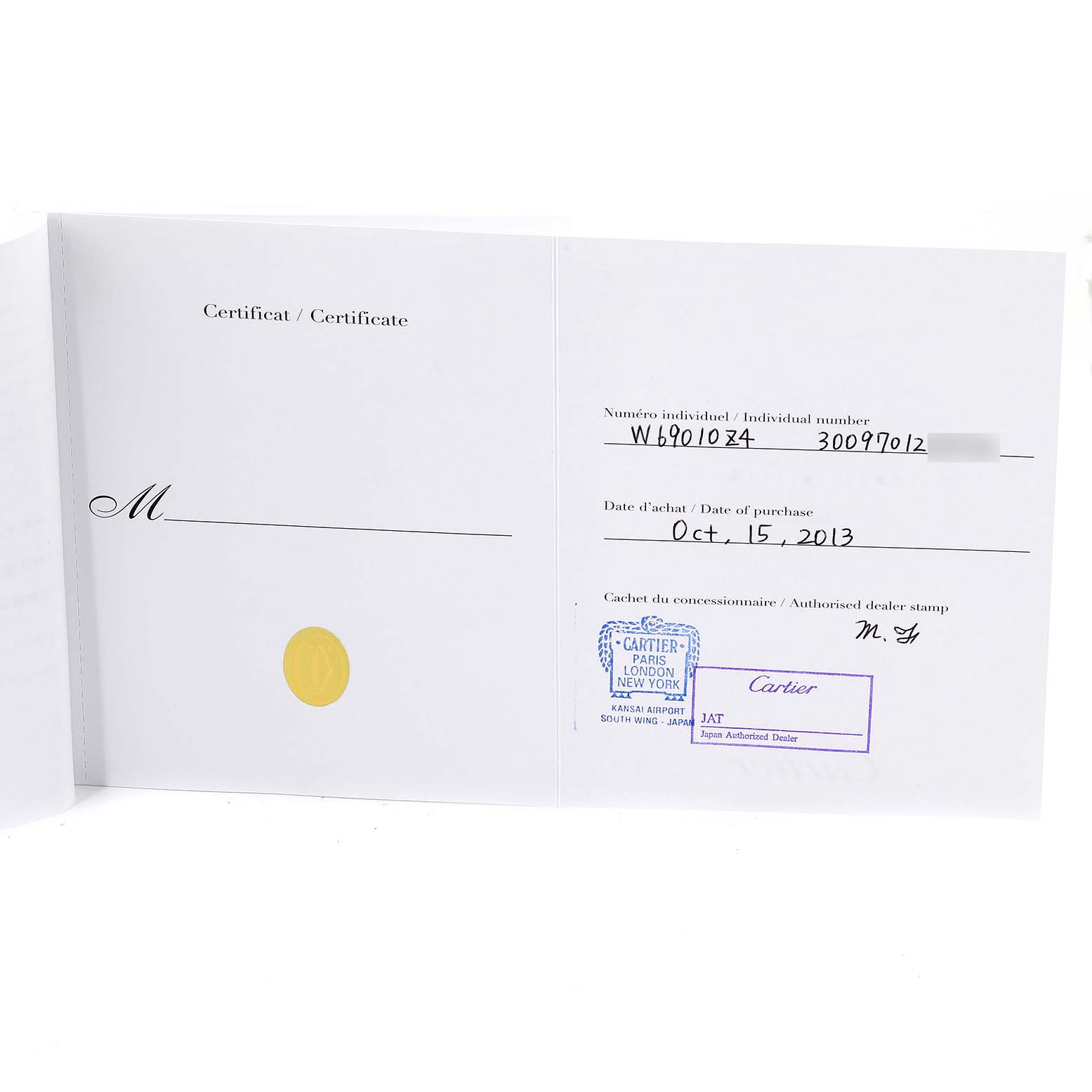 The image shows an open warranty certificate for the Cartier Ballon Bleu W69010Z4 Women
s Stainless Steel Silver Dial W69010Z4 Women
s Stainless Steel Silver Dial model, displaying its date of purchase and dealer stamp.