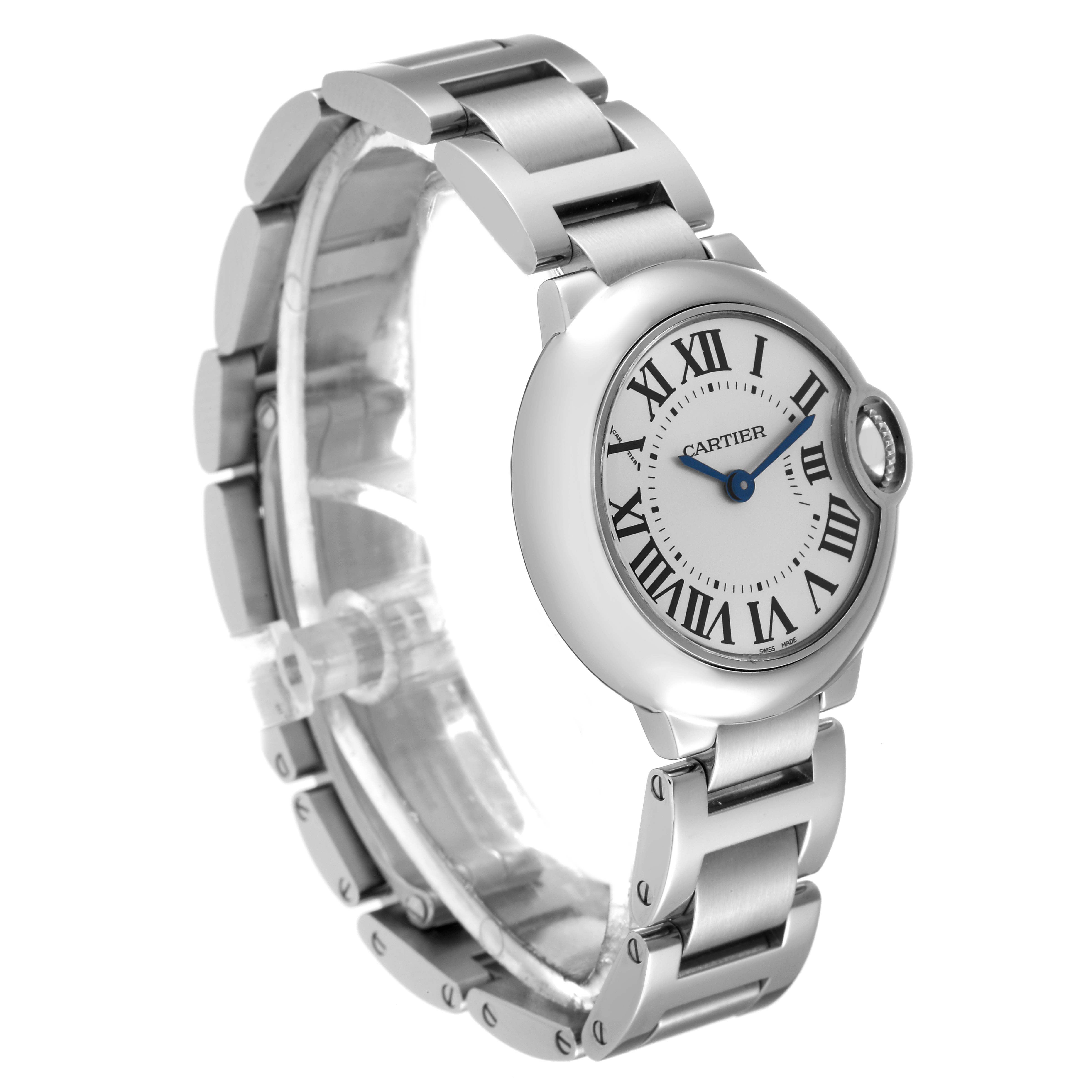 The image shows a Cartier Ballon Bleu W69010Z4 Women
s Stainless Steel Silver Dial W69010Z4 Women
s Stainless Steel Silver Dial watch at a three-quarter angle, displaying the watch face, bezel, and metal bracelet.