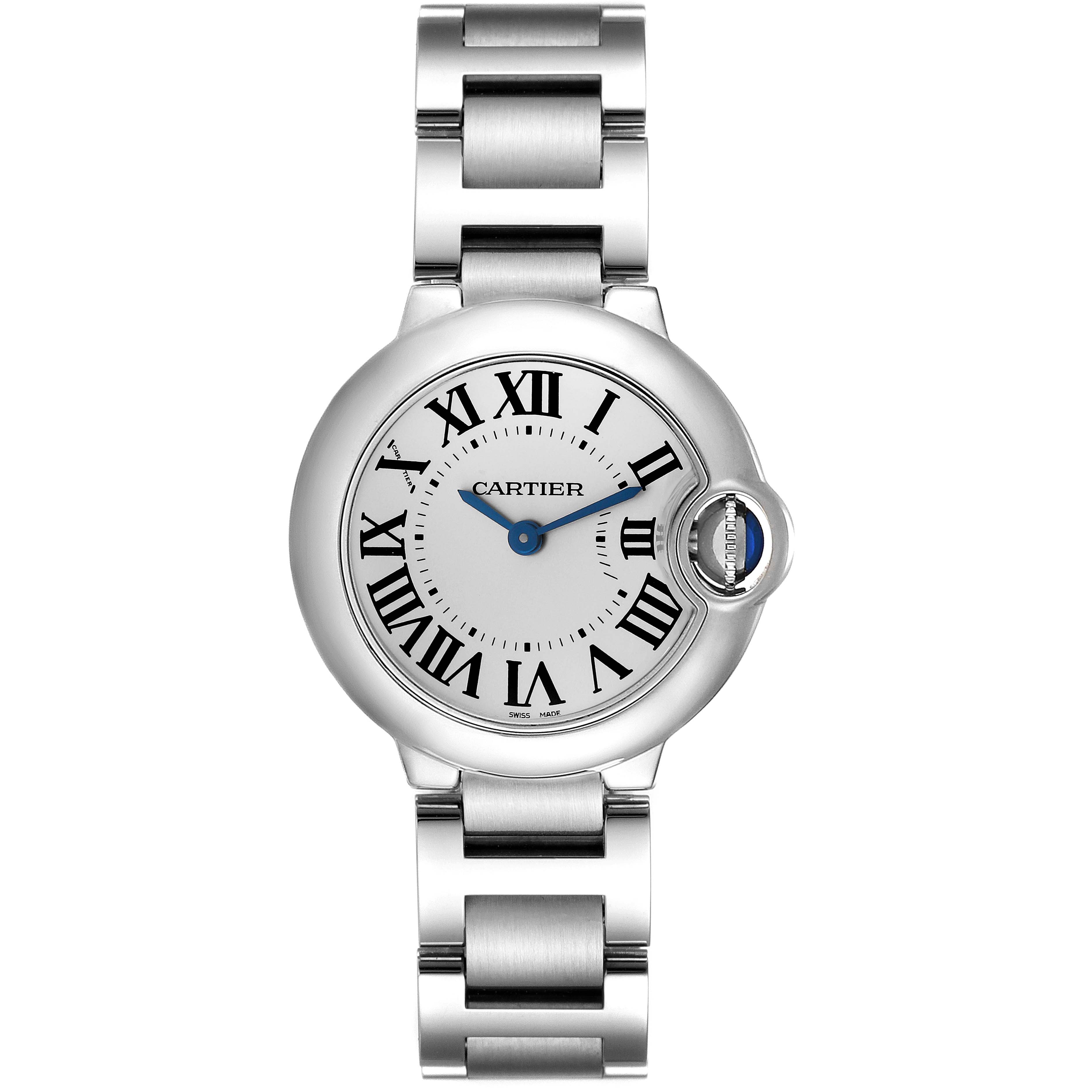 This image shows a front view of the Cartier Ballon Bleu W69010Z4 Women
s Stainless Steel Silver Dial W69010Z4 Women
s Stainless Steel Silver Dial watch, displaying its face, Roman numerals, and steel bracelet.