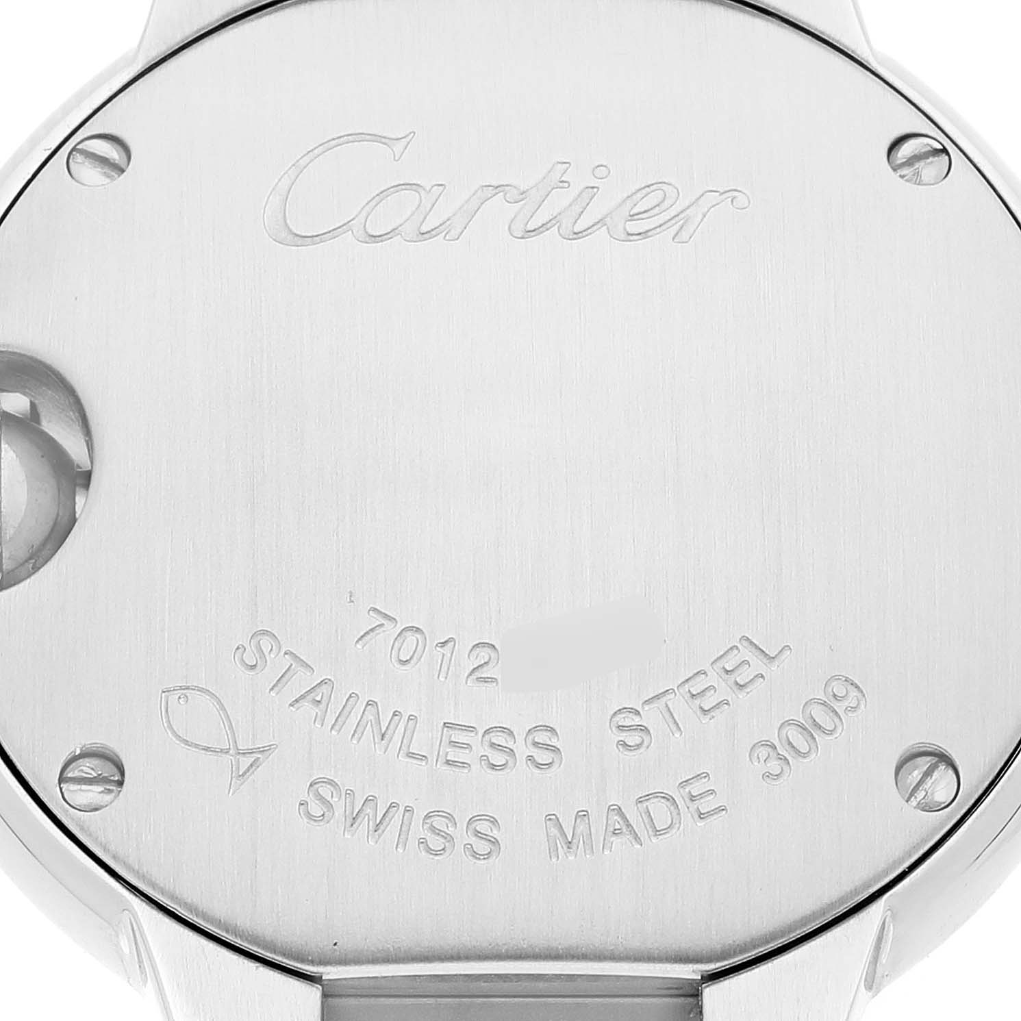The image shows the back casing of a Cartier Ballon Bleu W69010Z4 Women
s Stainless Steel Silver Dial W69010Z4 Women
s Stainless Steel Silver Dial watch, displaying its stainless steel construction and model details.