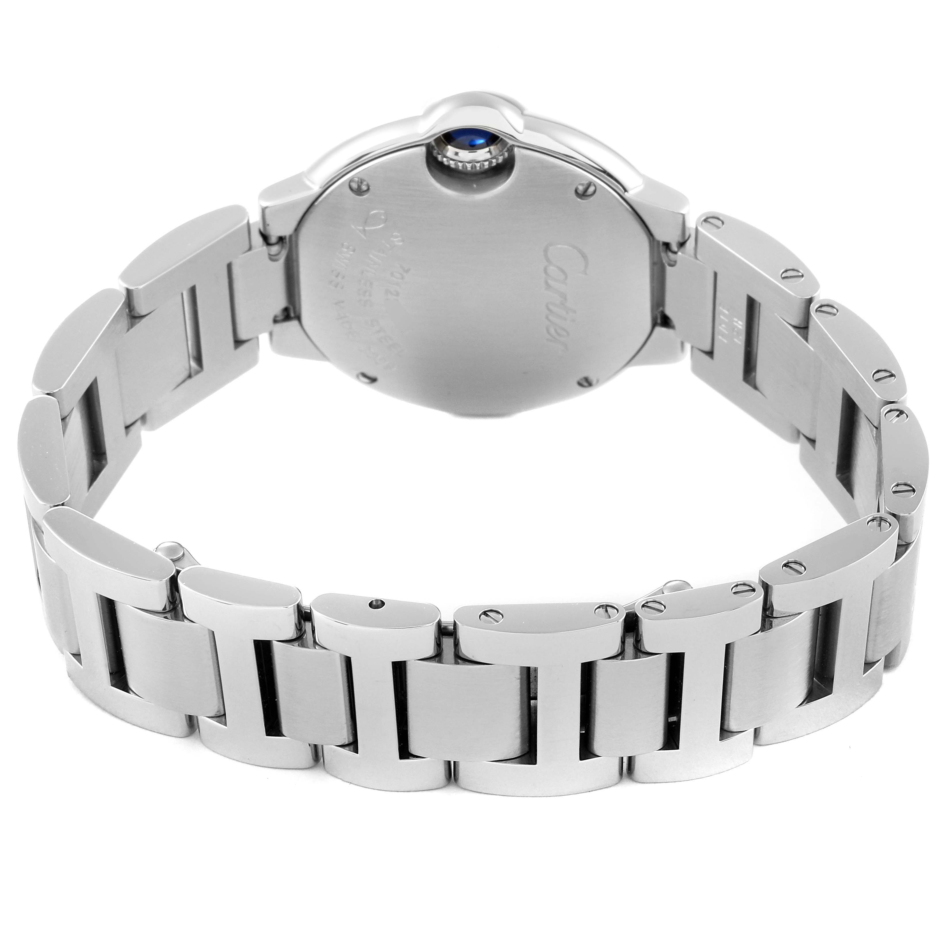 The image shows the backside and bracelet of a Ballon Bleu model by Cartier, highlighting the clasp and link design.
