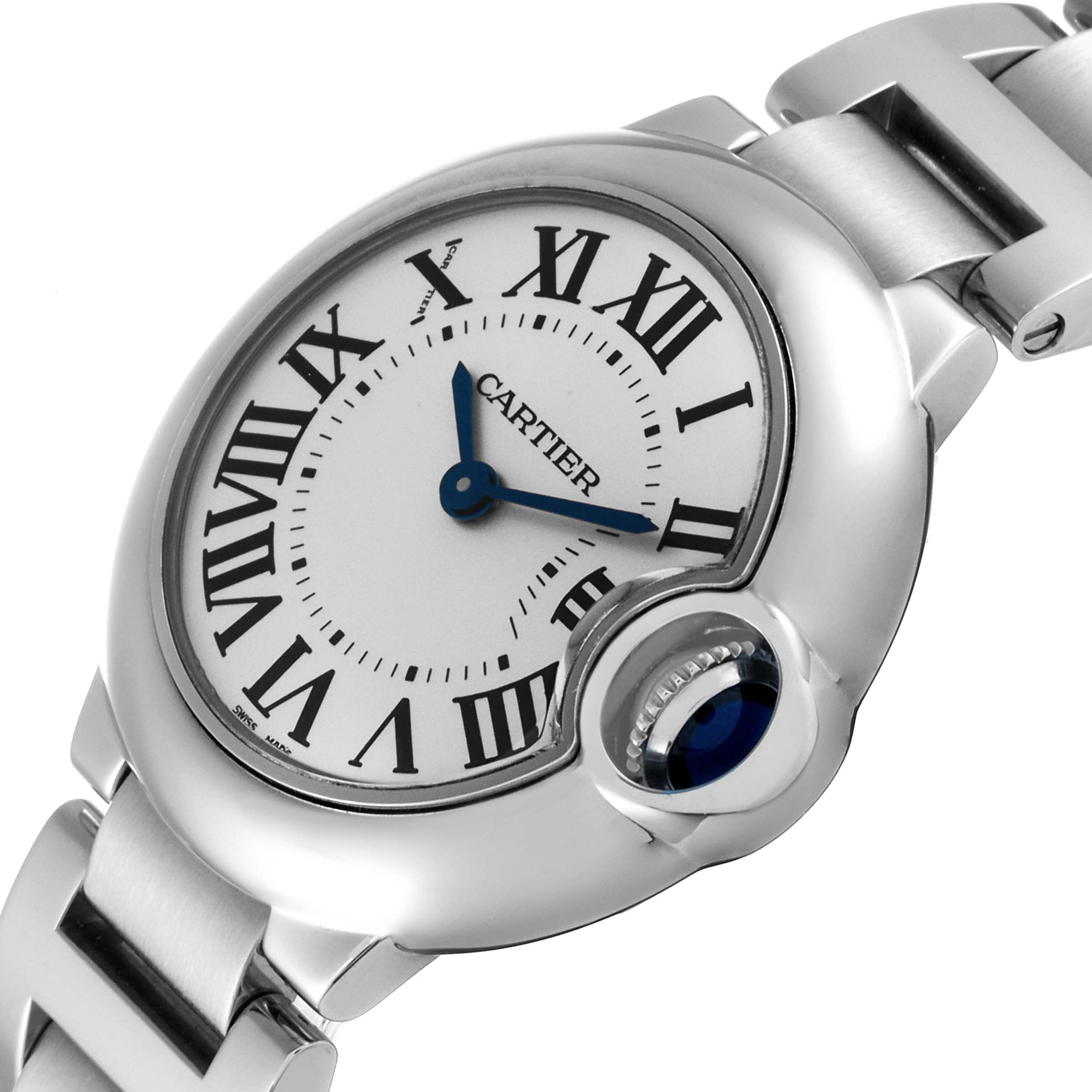 The image shows a close-up angle of the Cartier Ballon Bleu W69010Z4 Women
s Stainless Steel Silver Dial W69010Z4 Women
s Stainless Steel Silver Dial watch face and partial bracelet.
