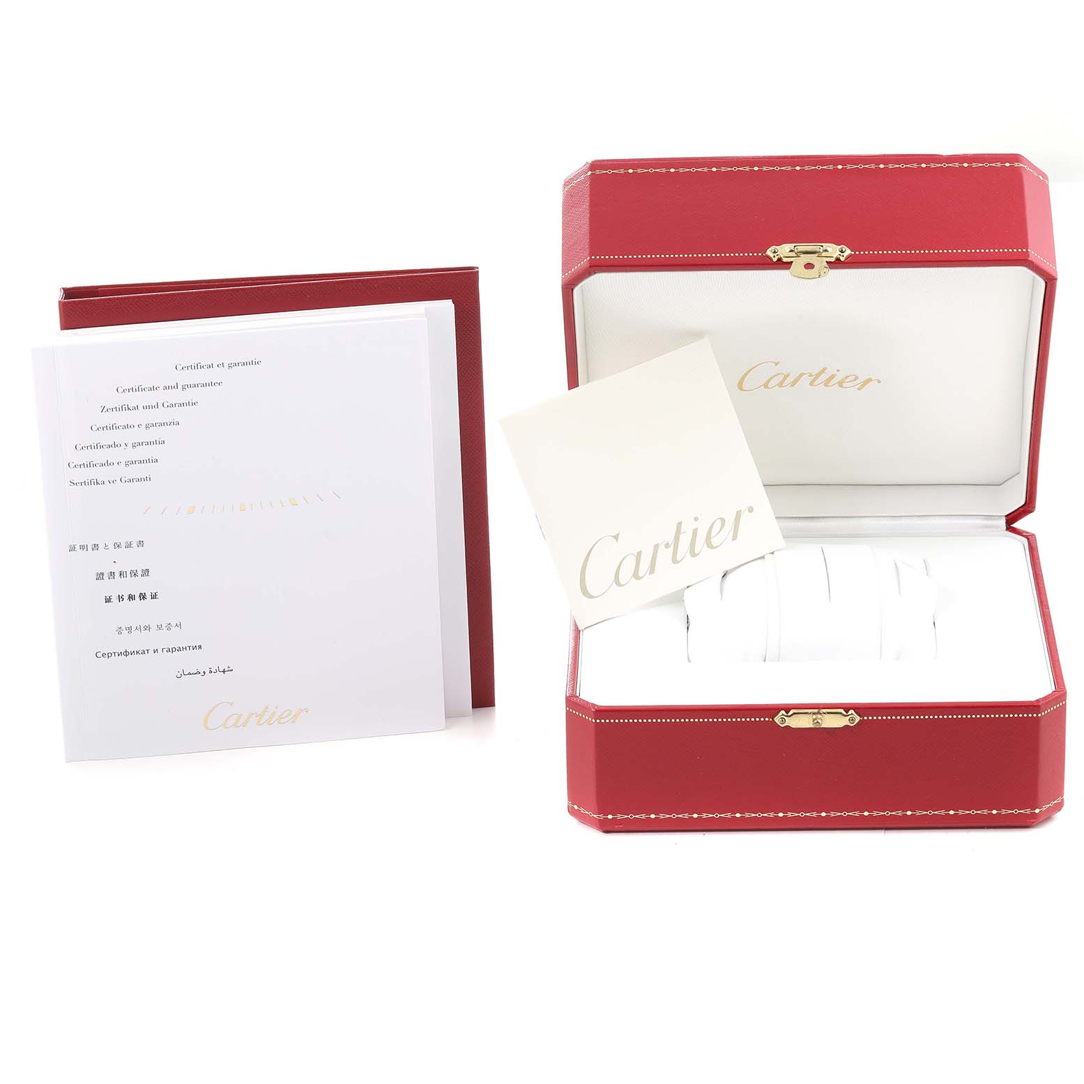 The image shows the storage box and documentation for the Ballon Bleu model by Cartier.