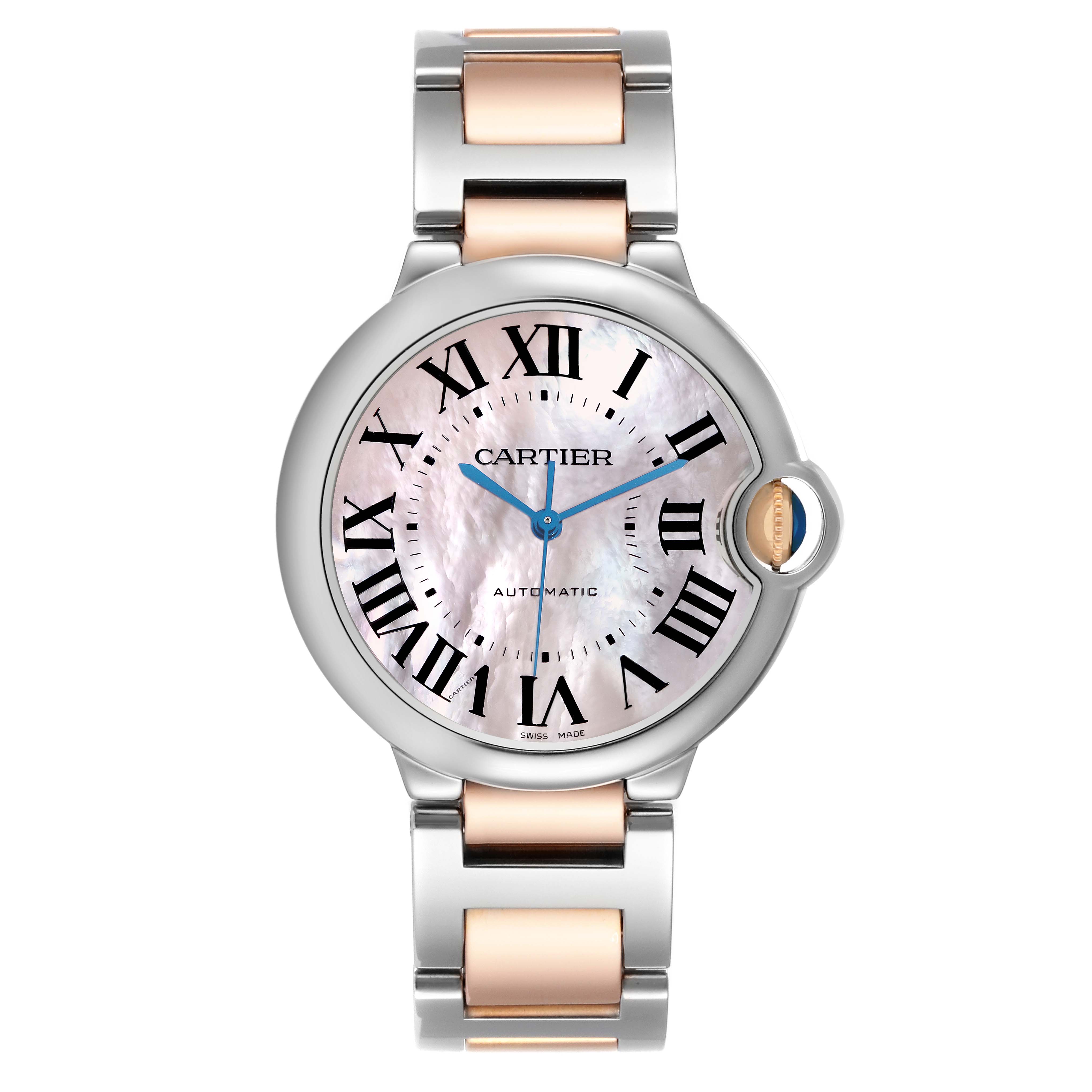 The Ballon Bleu by Cartier is shown from the front, highlighting its dial, bracelet, and distinctive crown.