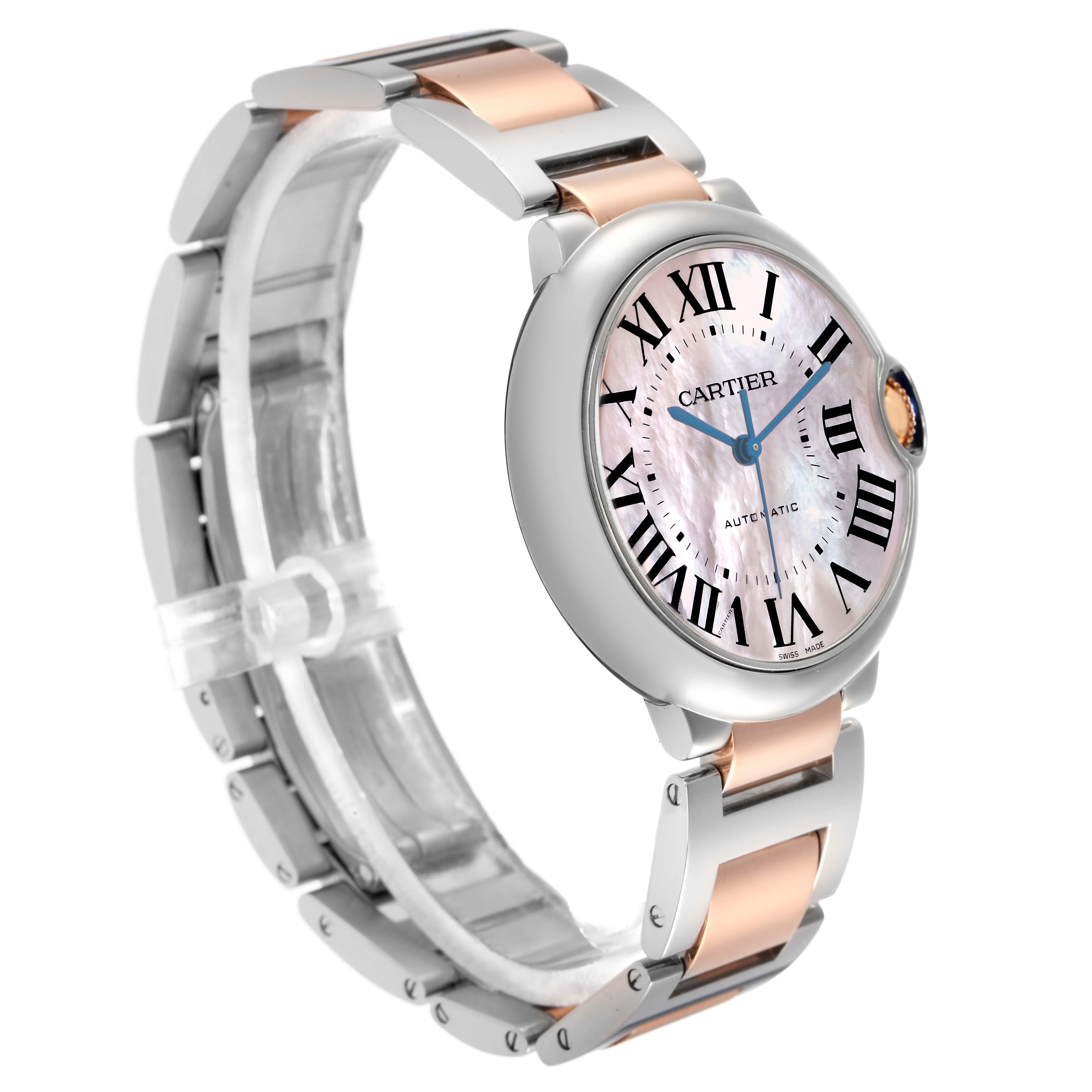 The Cartier Ballon Bleu W6920033 Women
s Stainless Steel Mother of Pearl Dial watch is shown at a three-quarter angle, highlighting the face, crown, and two-tone bracelet.