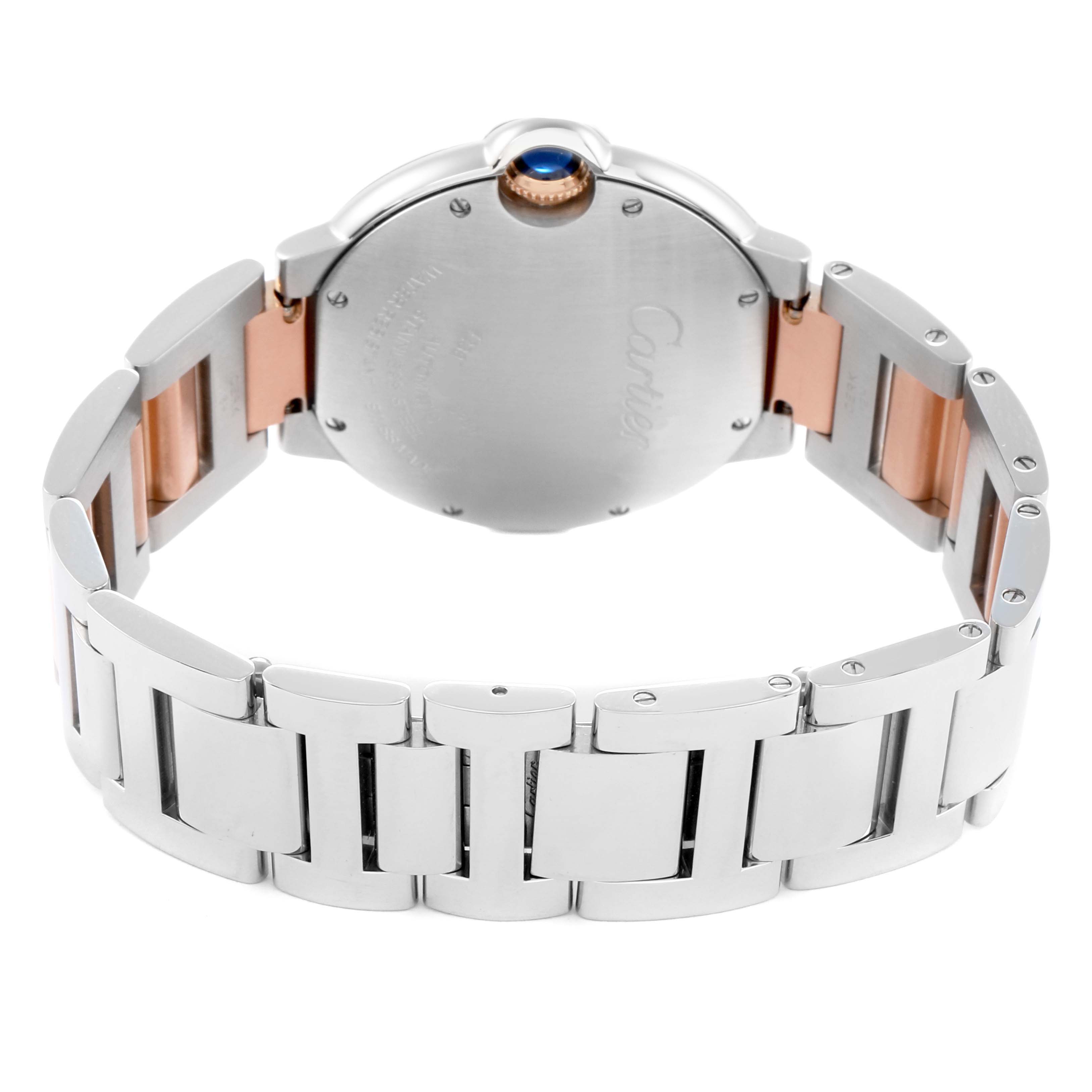The image shows the back and bracelet of a Cartier Ballon Bleu W6920033 Women
s Stainless Steel Mother of Pearl Dial watch, highlighting its clasp and metal links.