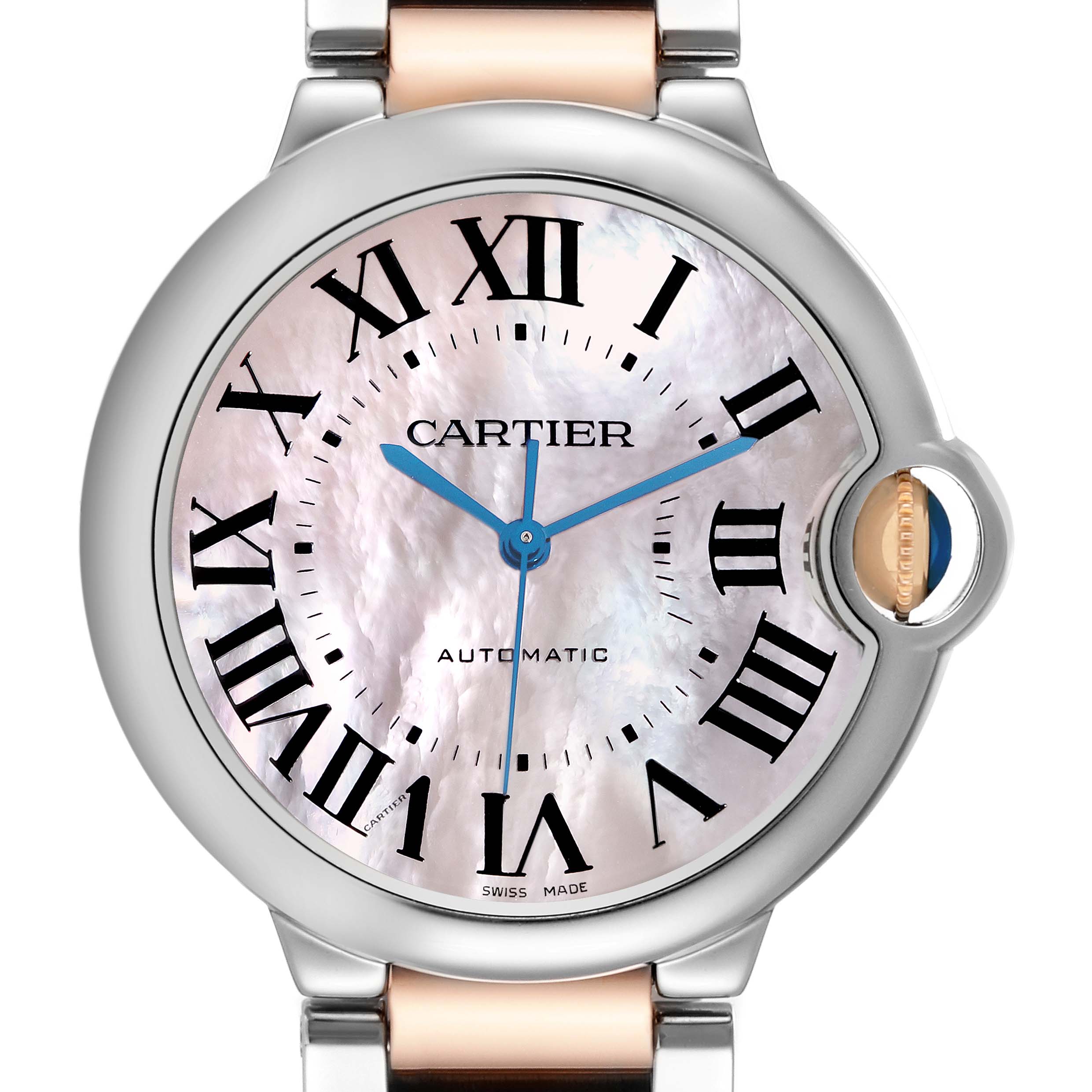 The Cartier Ballon Bleu W6920033 Women
s Stainless Steel Mother of Pearl Dial watch is shown from a front angle, featuring its round case, Roman numeral dial, and distinctive winding crown.