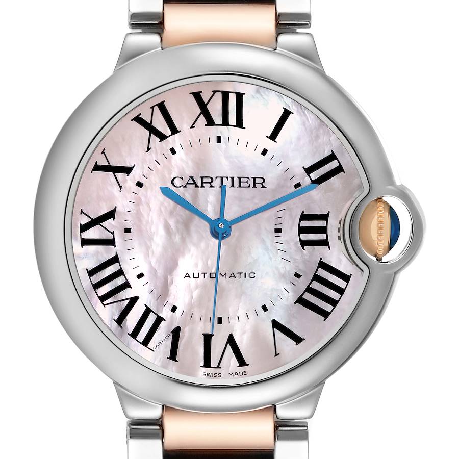 The Cartier Ballon Bleu W6920033 Women's Stainless Steel Mother of Pearl Dial watch is shown from a front angle, featuring its round case, Roman numeral dial, and distinctive winding crown.