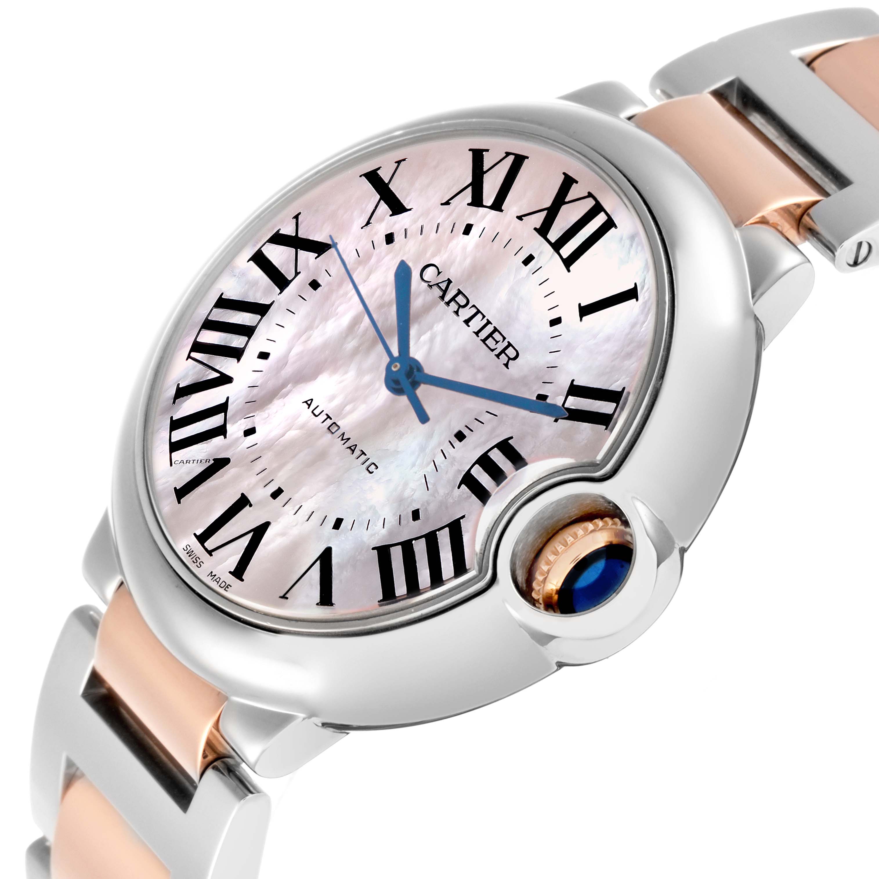 The Cartier Ballon Bleu W6920033 Women
s Stainless Steel Mother of Pearl Dial watch is shown at an angle highlighting the face, Roman numerals, and signature crown with blue cabochon.