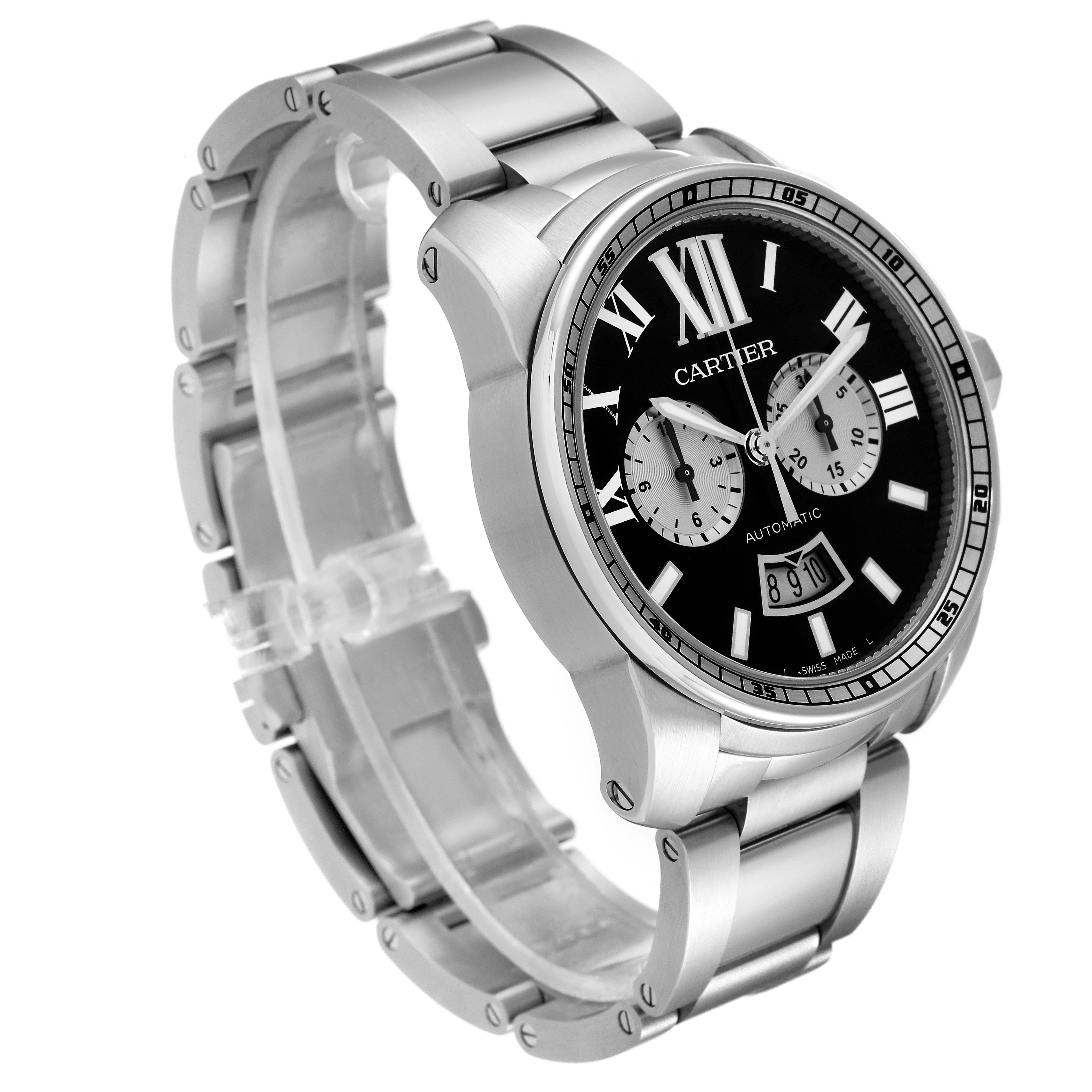 The image shows a Calibre de Cartier watch by Cartier at a three-quarter angle, highlighting the face and stainless steel bracelet.