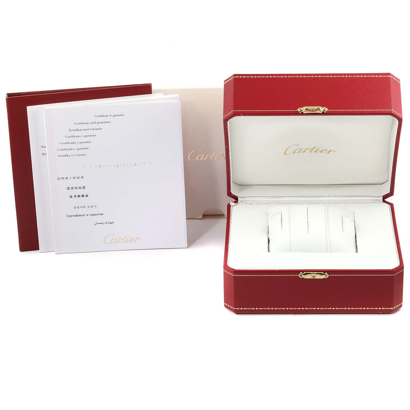 The image shows the packaging, including the red Cartier box and documentation, for the Calibre de Cartier watch model.