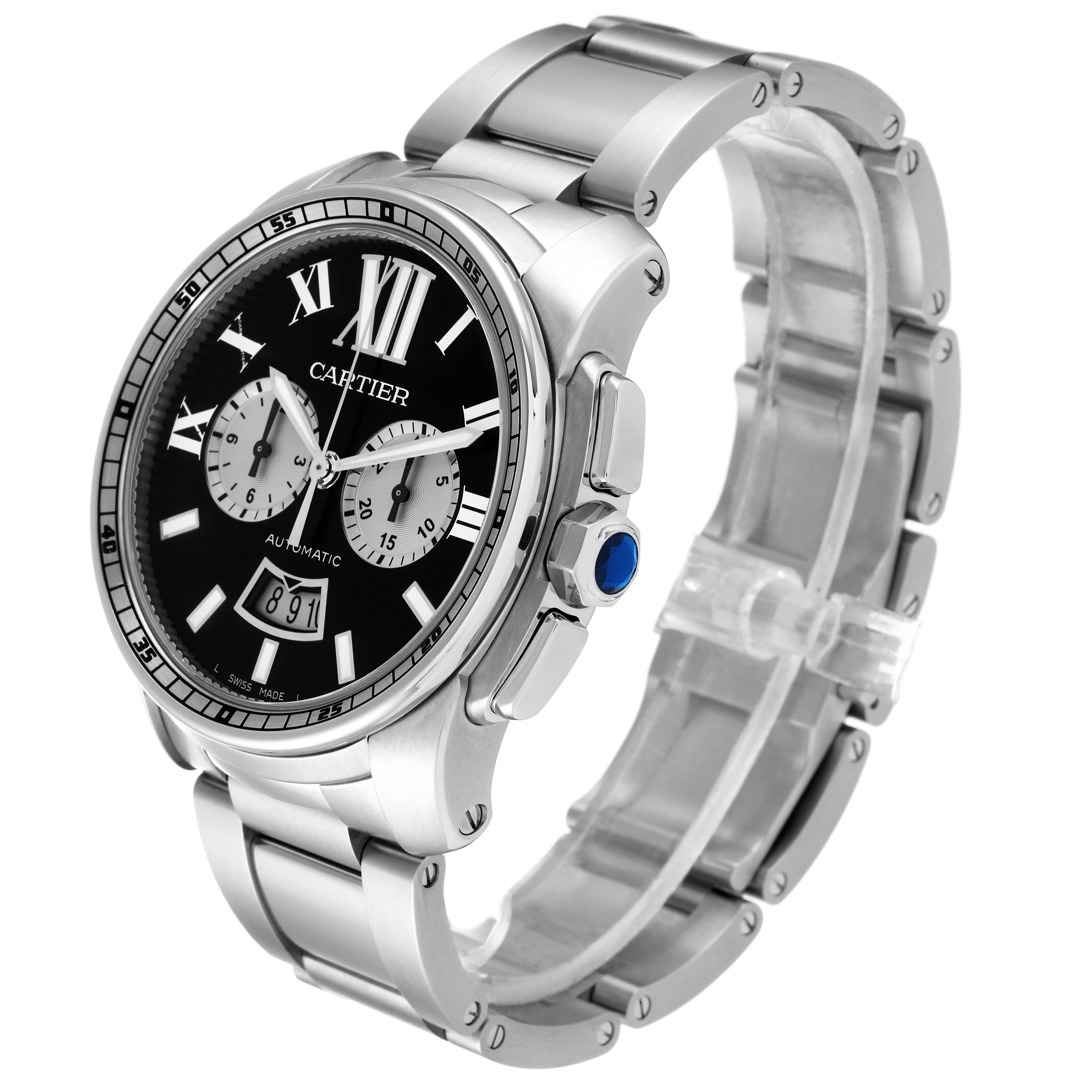 The Calibre de Cartier watch by Cartier is shown from a three-quarter angle, highlighting its face, bracelet, and crown.