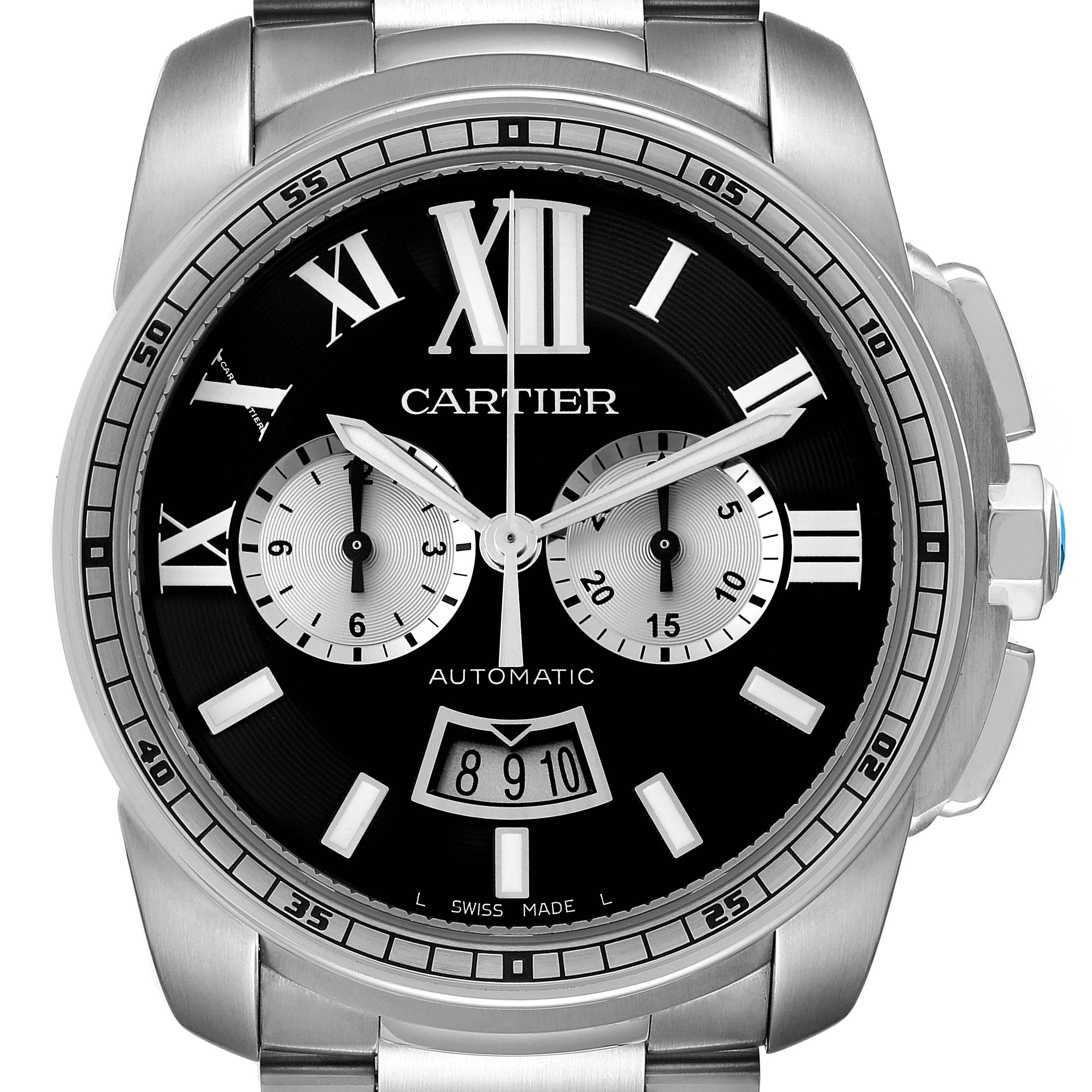 The image shows a front view of the Calibre de Cartier automatic model by Cartier, highlighting the watch face, hands, subdials, and date.