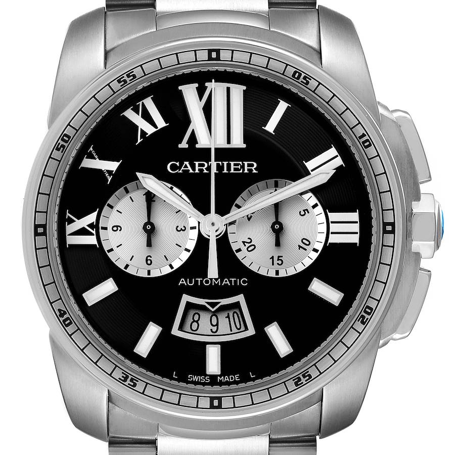 Cartier Calibre Black Dial Cronograph Steel Mens Watch W7100061 Box Papers SwissWatchExpo