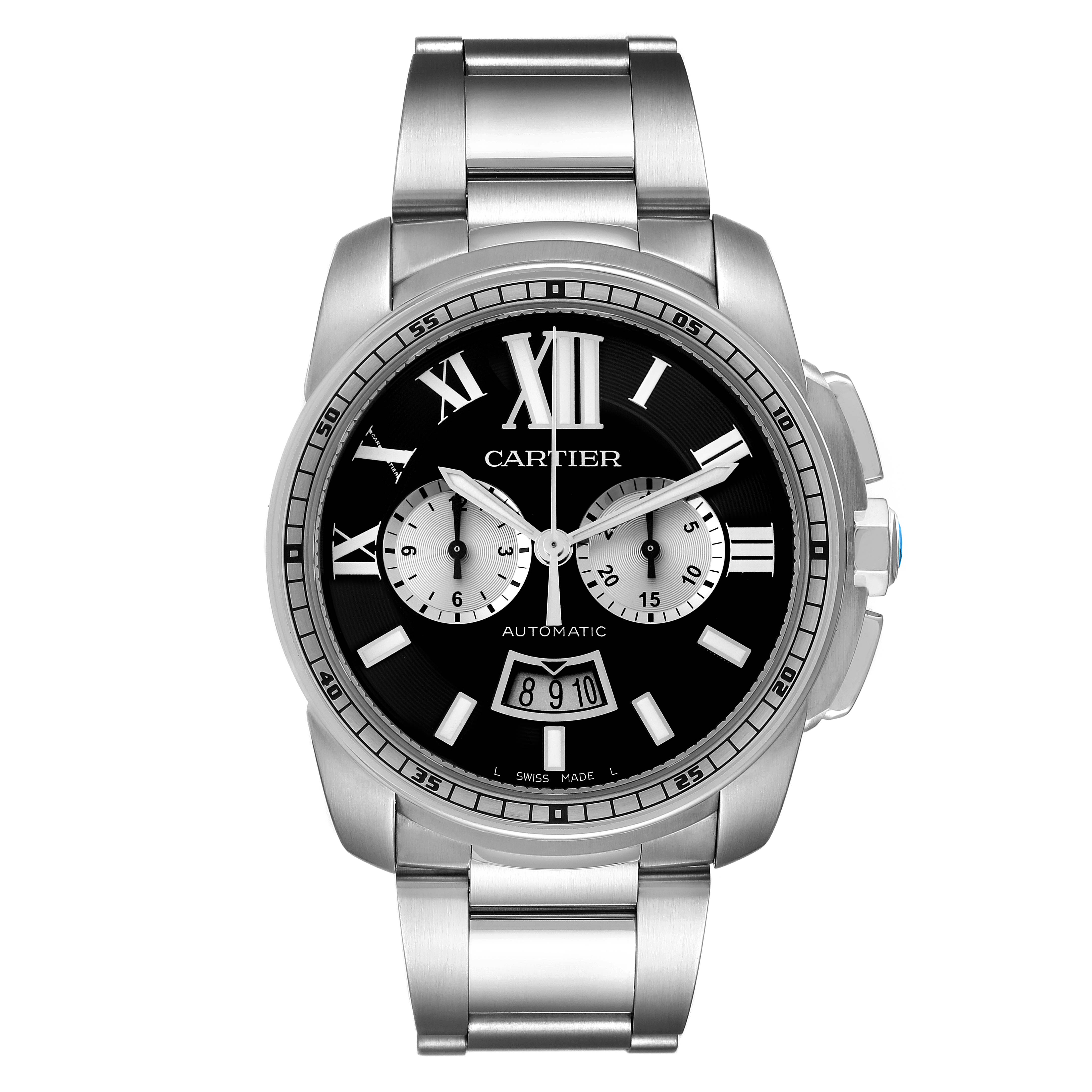 This image shows a frontal view of the Calibre de Cartier watch by Cartier, displaying its face and bracelet.