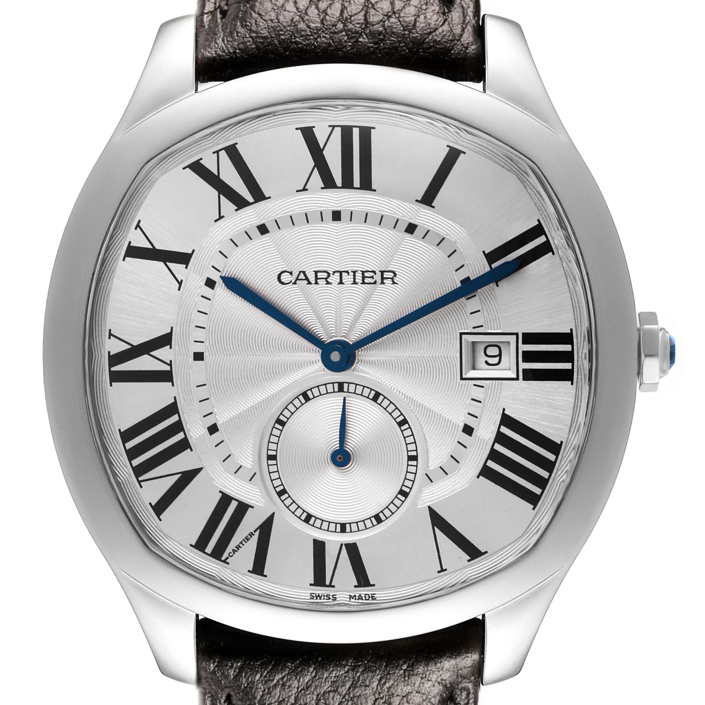 The Drive de Cartier watch is shown from a front angle, highlighting its dial, Roman numerals, and leather strap.